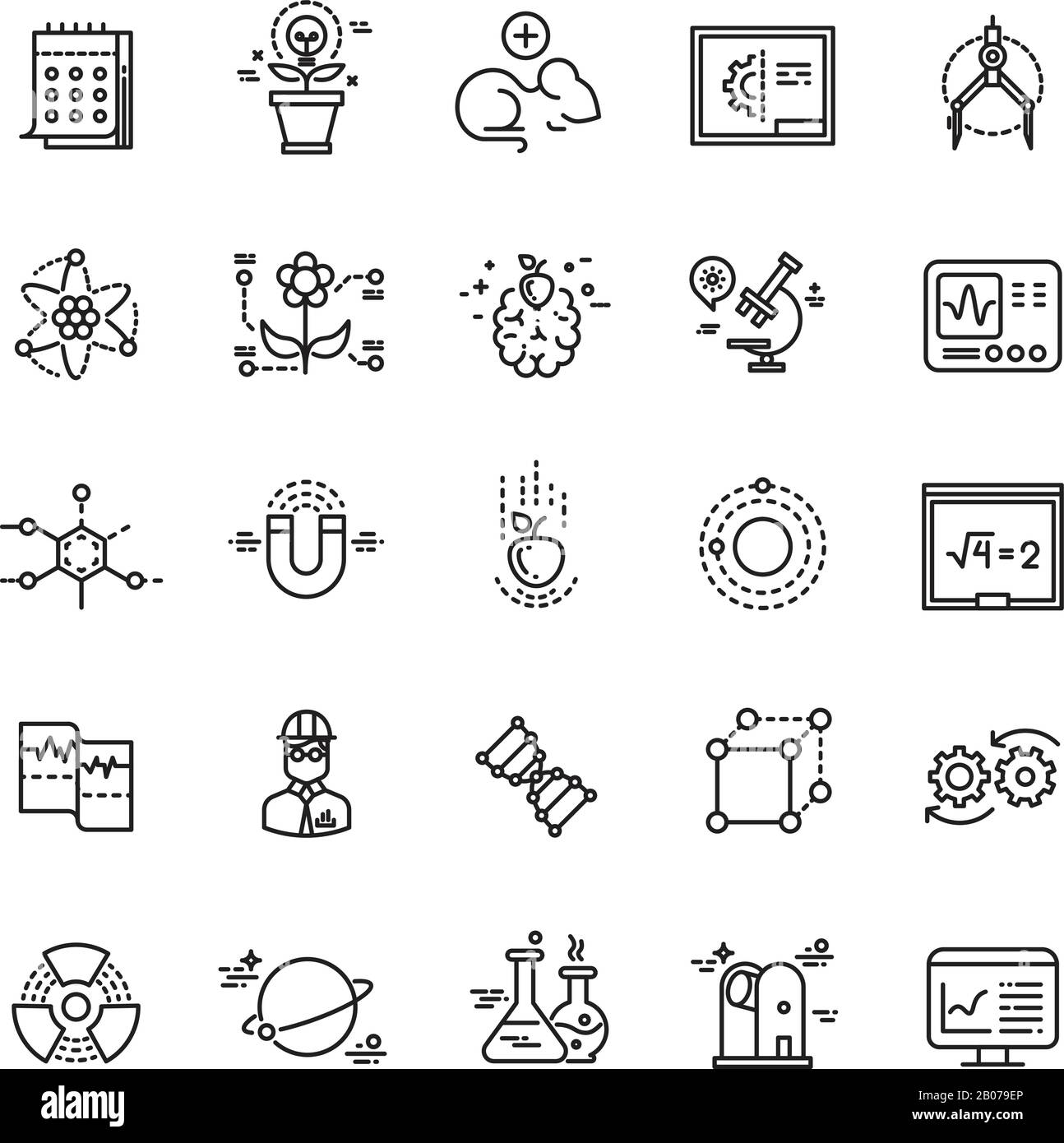 Science lab innovation chemical research thin line vector icons. Experiment in laboratory, chemistry equipment illustration Stock Vector
