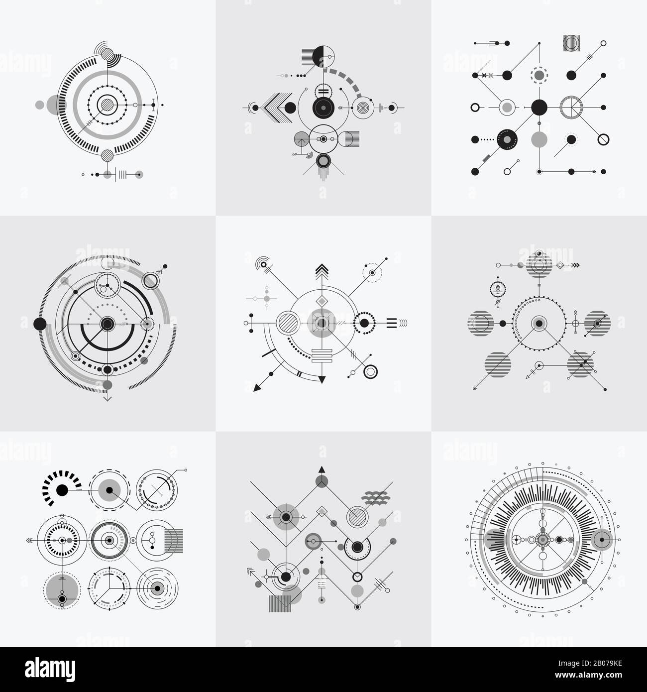 Scientific bauhaus technology circular grids vector set. Structure geometric pattern illustration Stock Vector