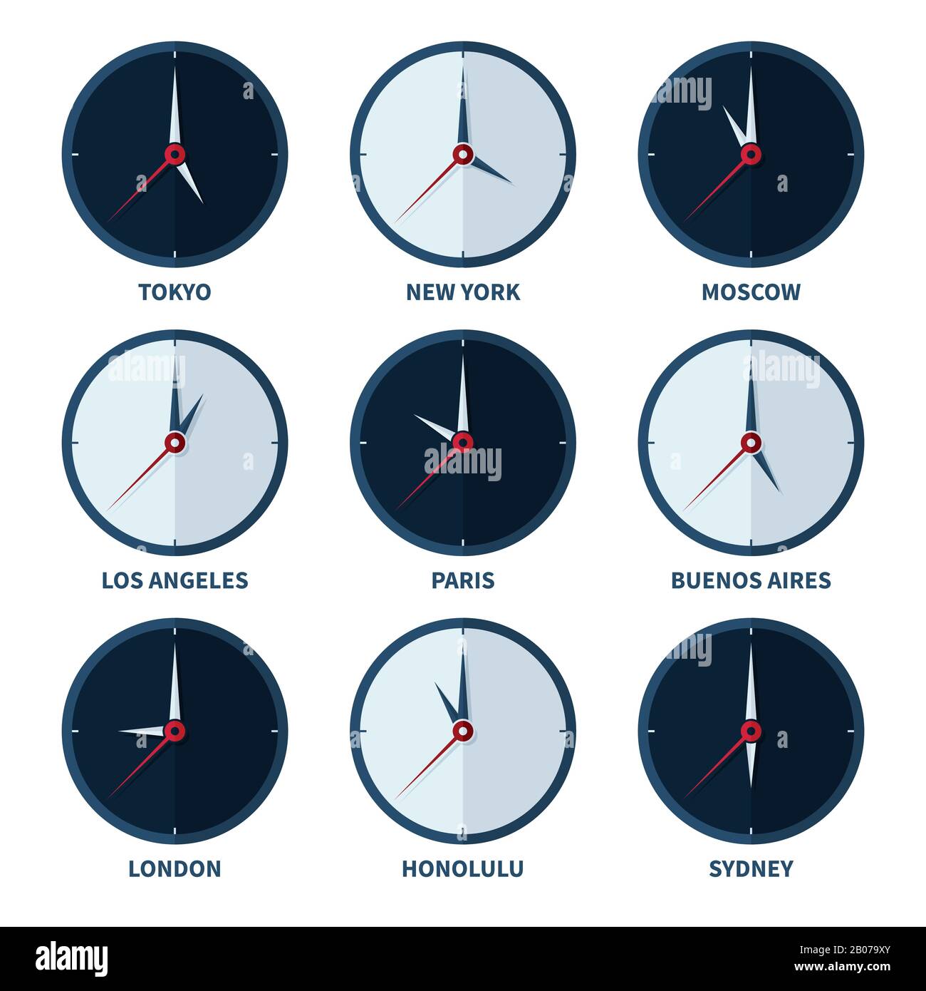 World clocks for time zones of different cities vector set. Travel to country with other timezone illustration Stock Vector