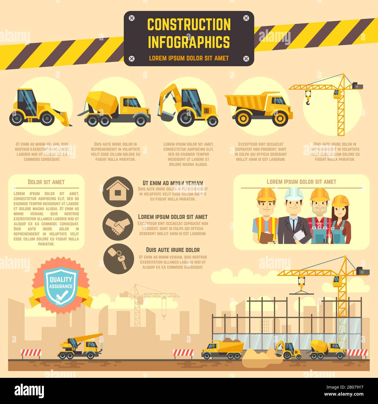 Construction infographic vector template with construction machinery