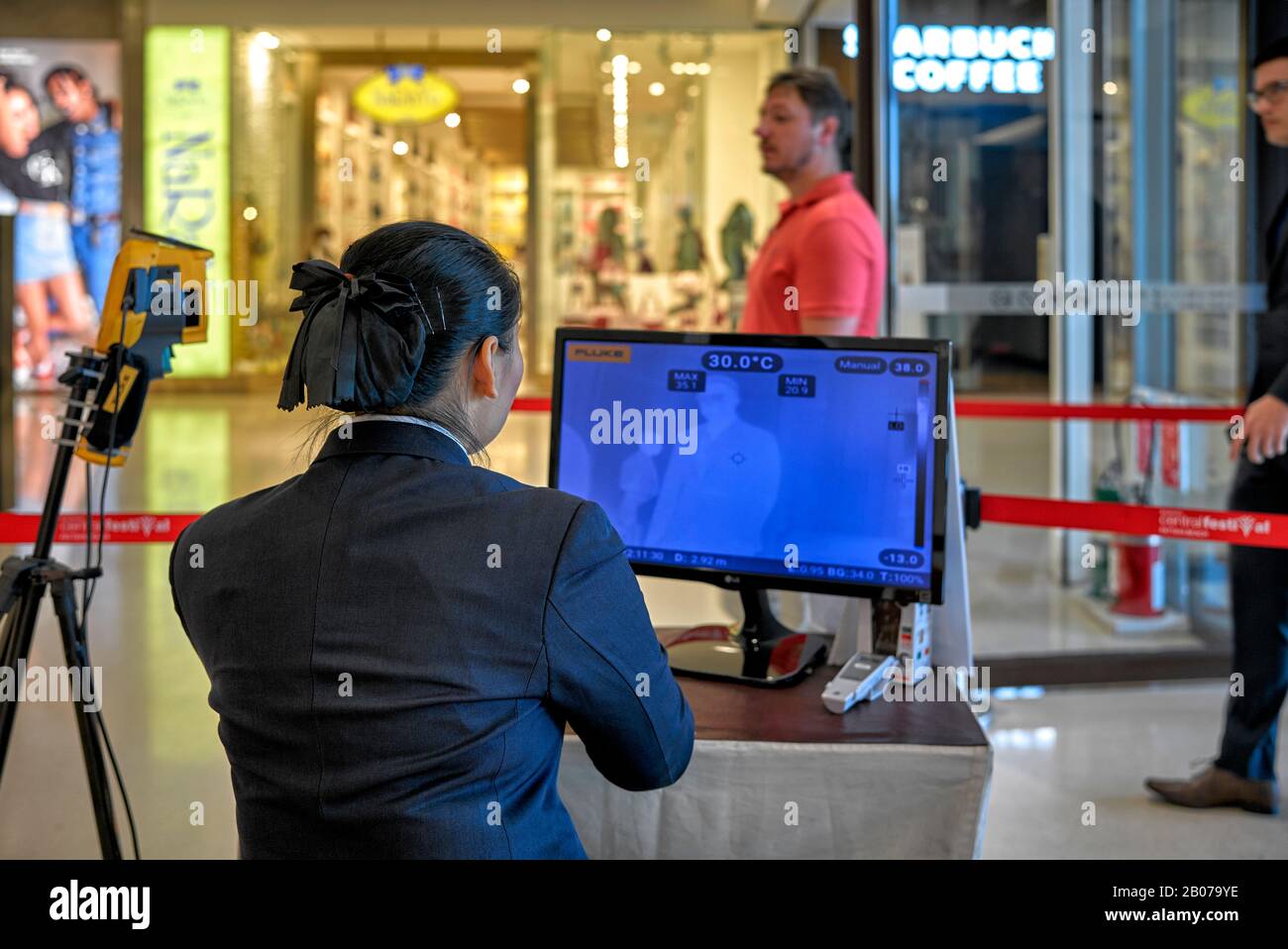 Coronavirus. Medical staff at a Thailand shopping mall detect incoming customers body temperature with thermal camera equipment to monitor Covid 19 Stock Photo