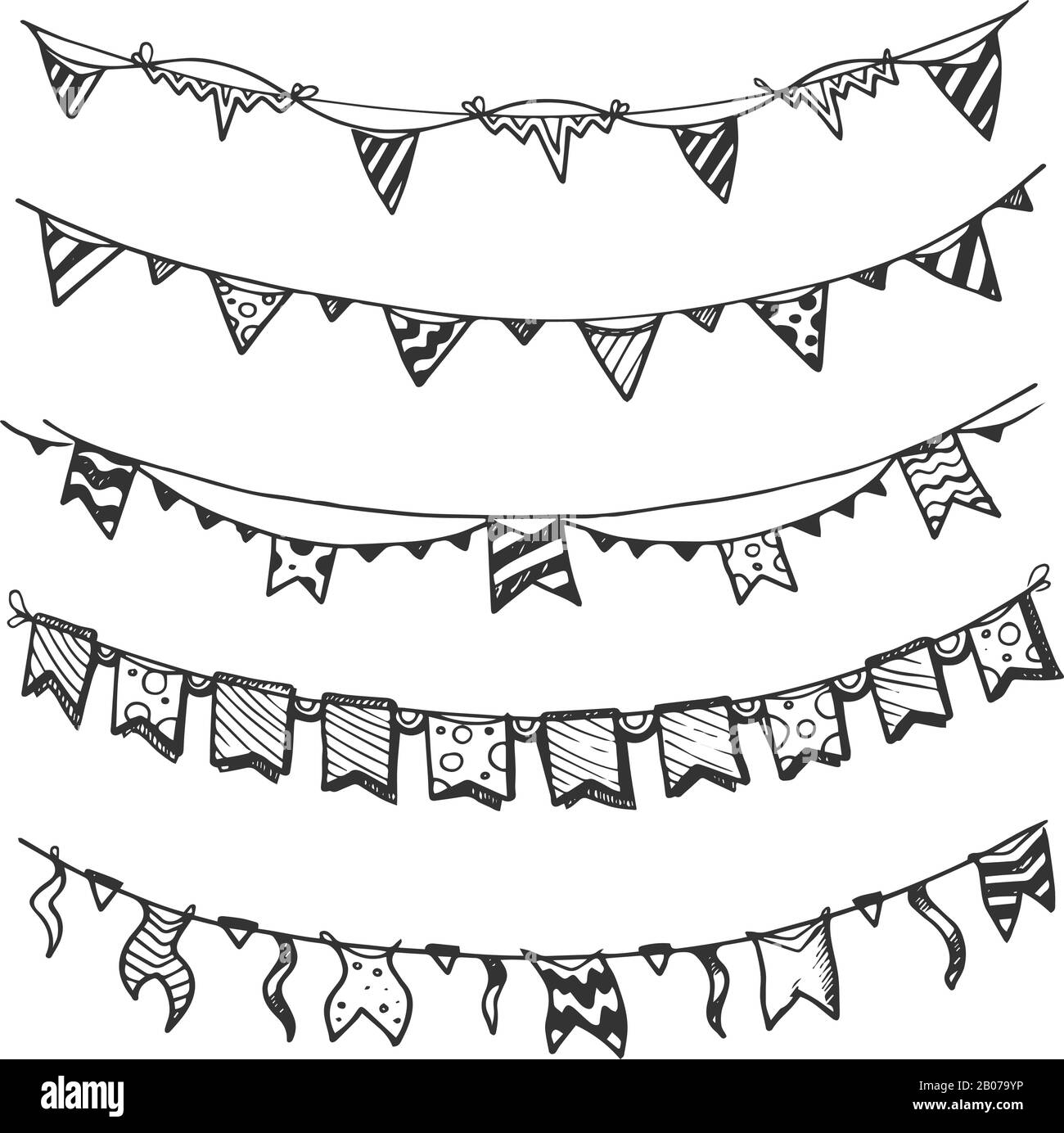 Holiday garlands with light bulbs party lights and flags hand drawn, sketch vector set. Decoration to event birthday celebration illustration Stock Vector