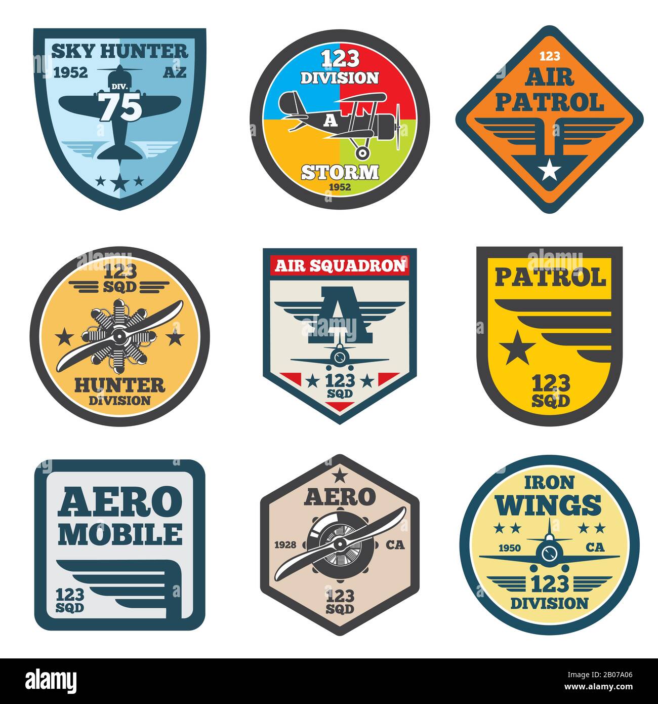Army jet, aviation, air force vector labels, patch badges, emblems and logos set. Badge shield with wing illustration Stock Vector