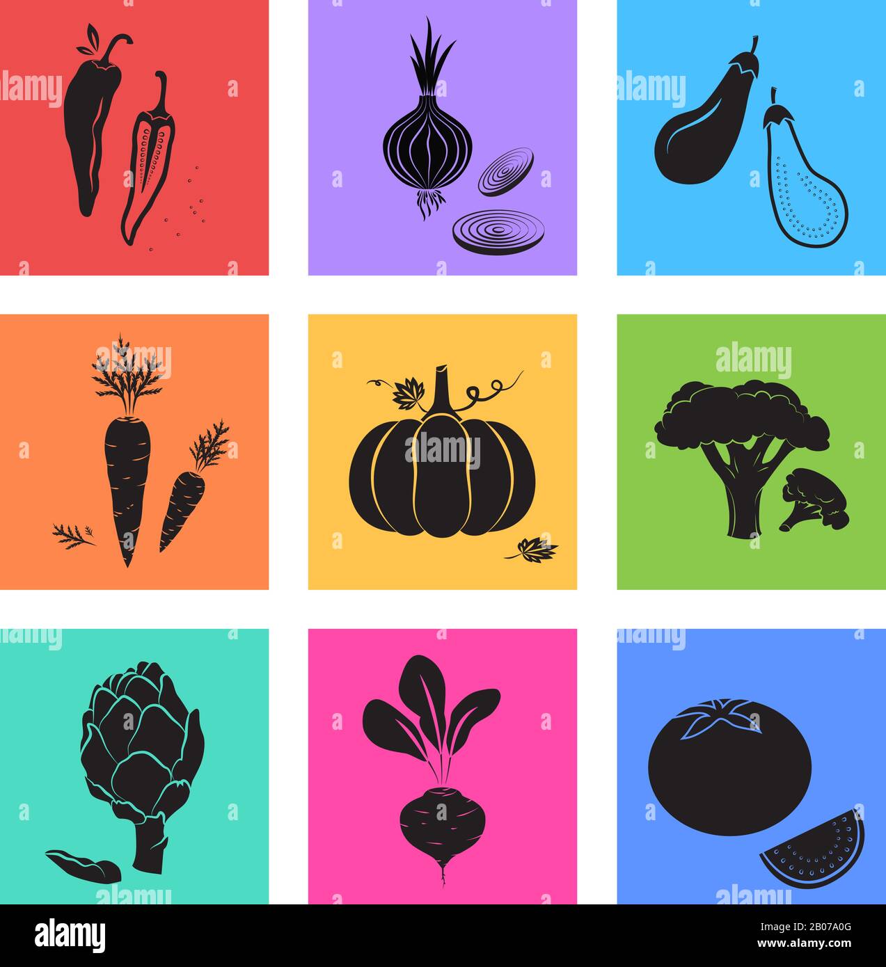 Vegetables Vegetarian food icons set silhouette illustration Stock ...