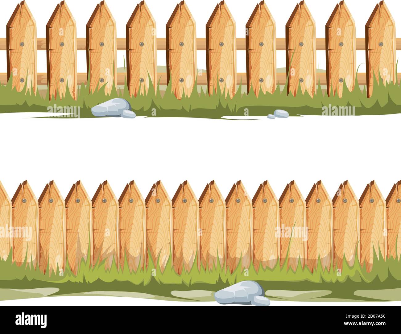 Wooden fences with grass and stones. Seamless vector cartoon background, Fence for country house illustration Stock Vector