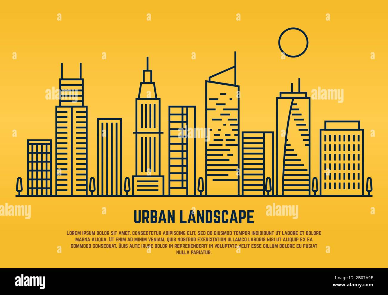 Urban landscape in line vector style. Building architecture linear illustration Stock Vector