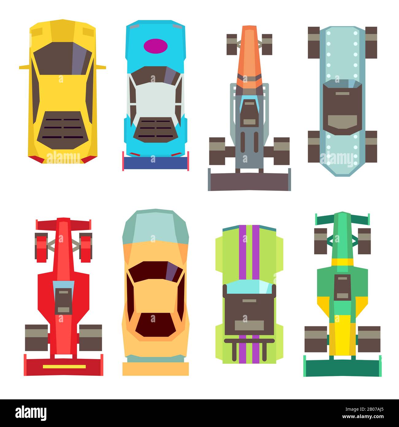 Sport race cars top view flat vector icons. Speed transport for competition illustration Stock Vector