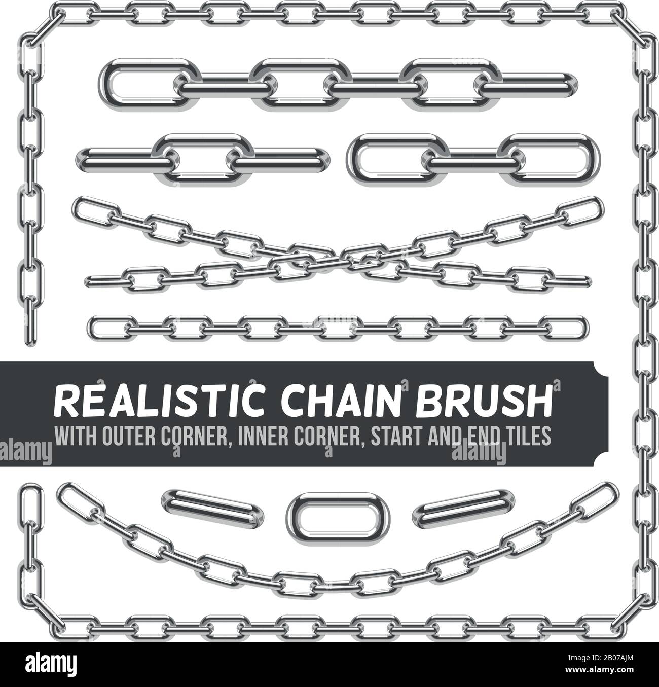 Realistic metal chain set, vector silver chains. Industrial link and metallic strength line illustration Stock Vector