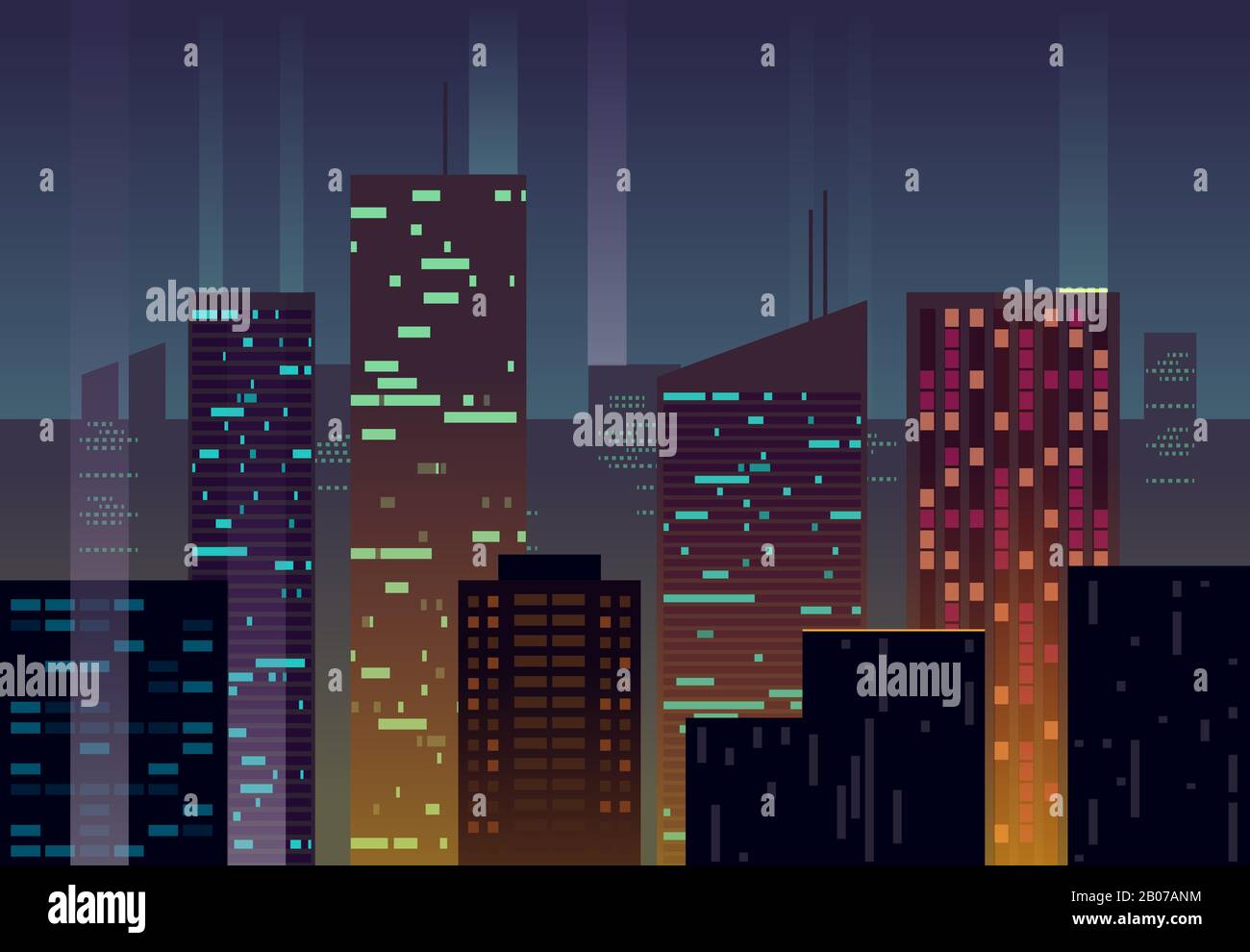 Night city, buildings with glowing windows at dusk vector urban background. Building skyscraper architecture evening illustration Stock Vector