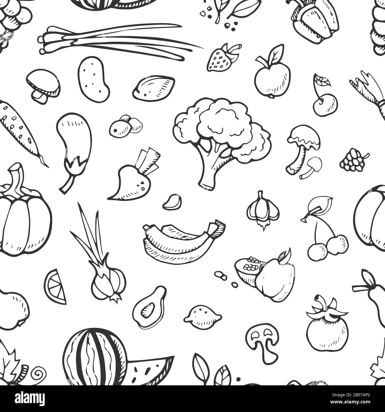 Fruit and vegetable, vegan food doodle, sketch vector seamless background with mushroom and garlic, pumpkin and avocado illustration Stock Vector
