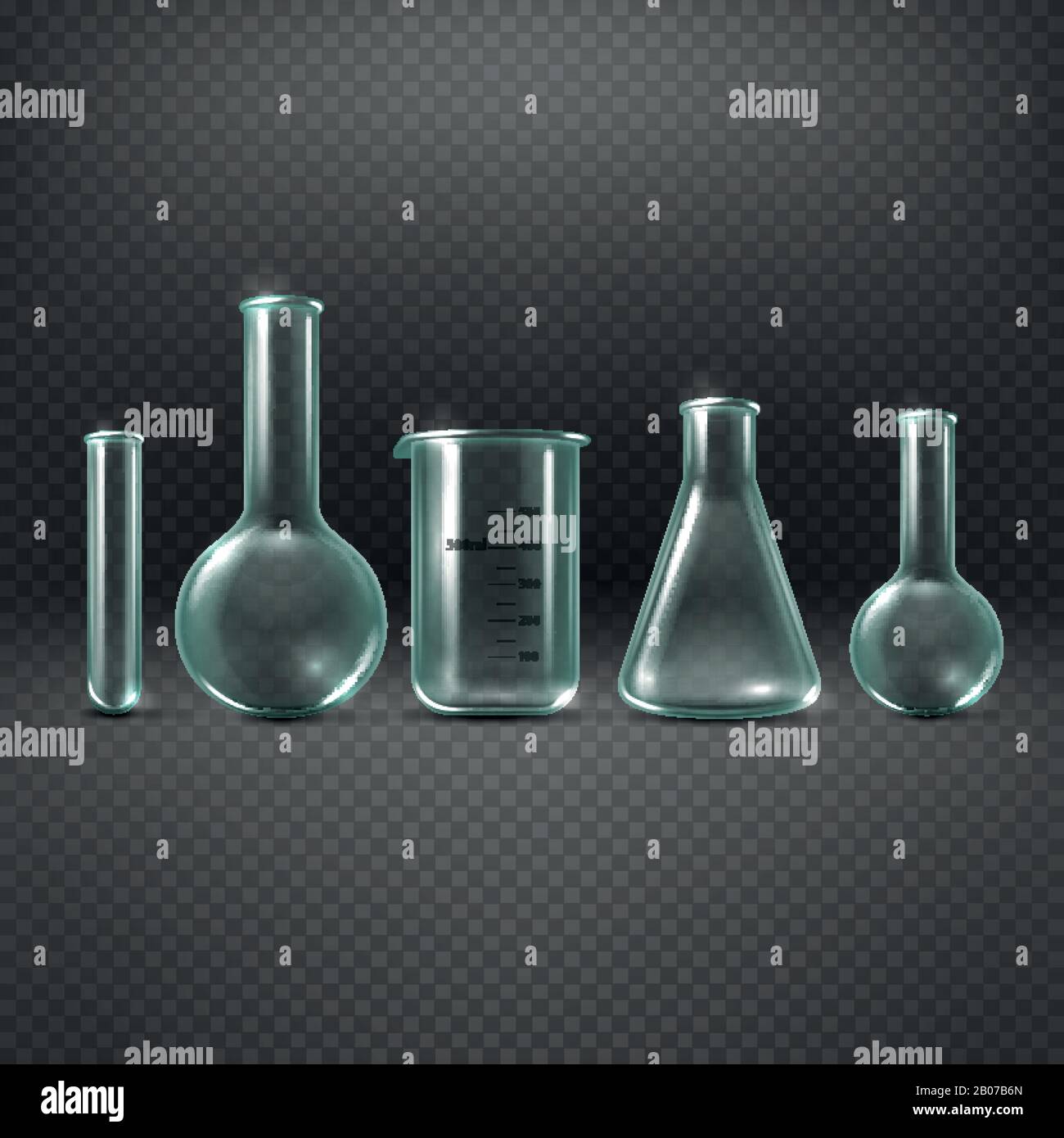 Chemical realistic test tubes vector set. Beaker glass for analysis and