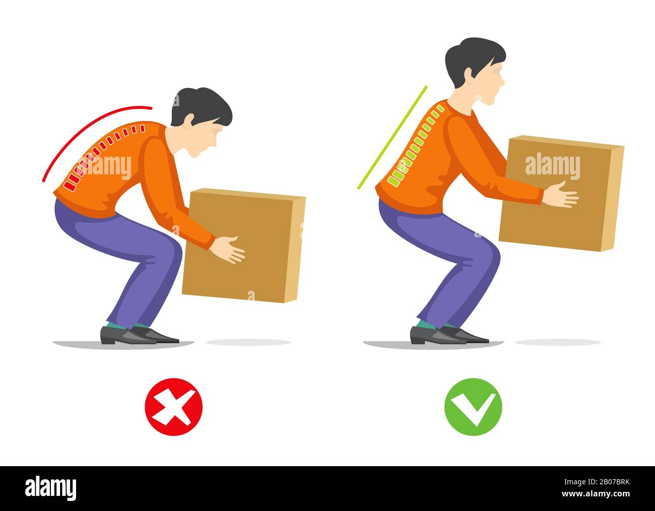 Correct and wrong technique to lift heavy object. Healthcare vector infographics. Manually to correct hard work with weight illustration Stock Vector