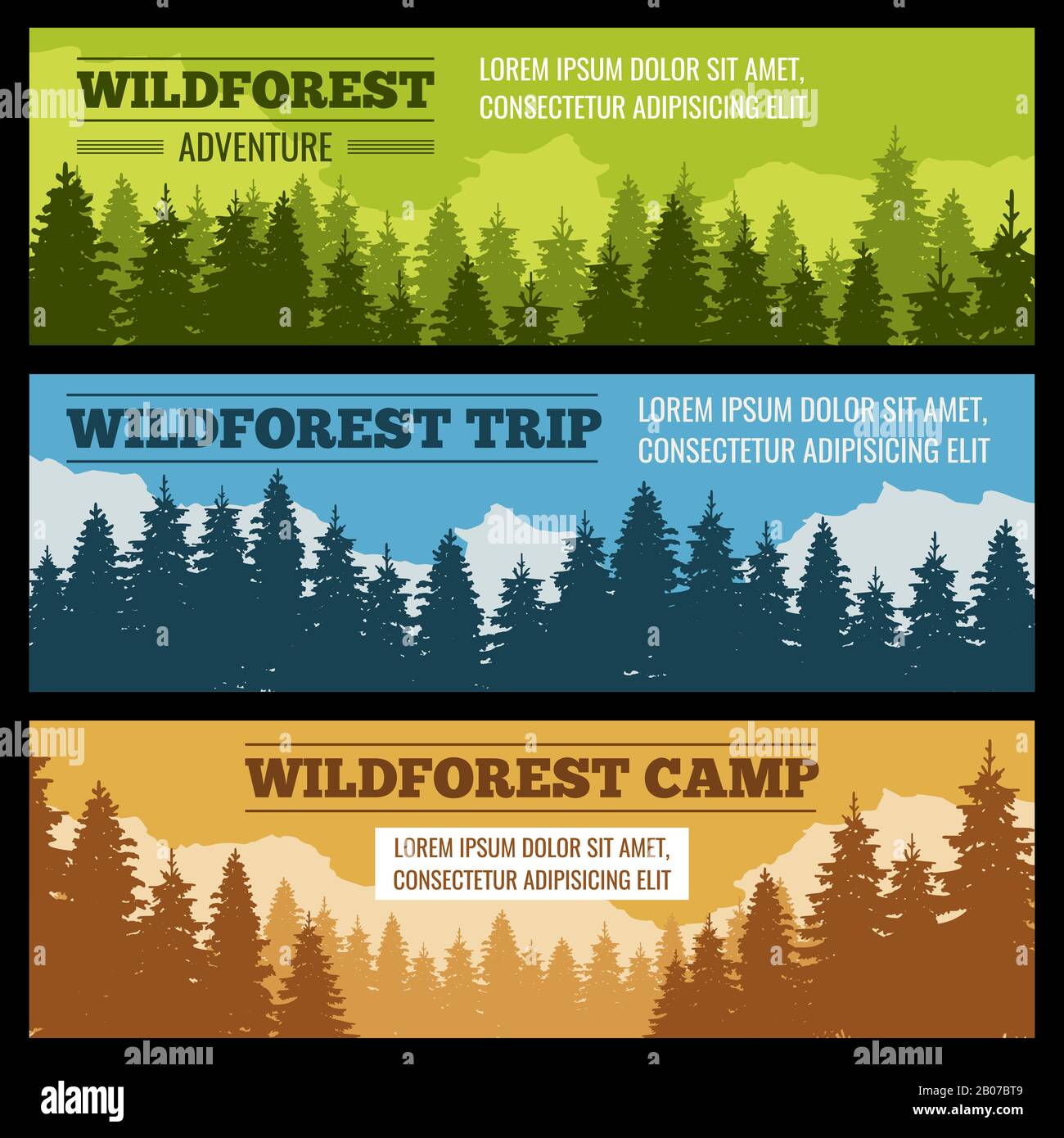 Journey, camping vector banners set with pine tree silhouettes. Poster or card with evergreen forest or park illustration Stock Vector