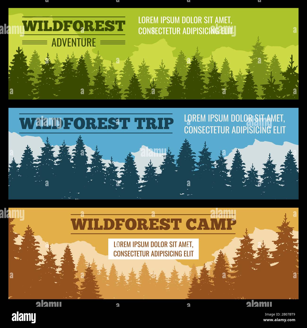 Journey Camping Vector Banners Set With Pine Tree Silhouettes