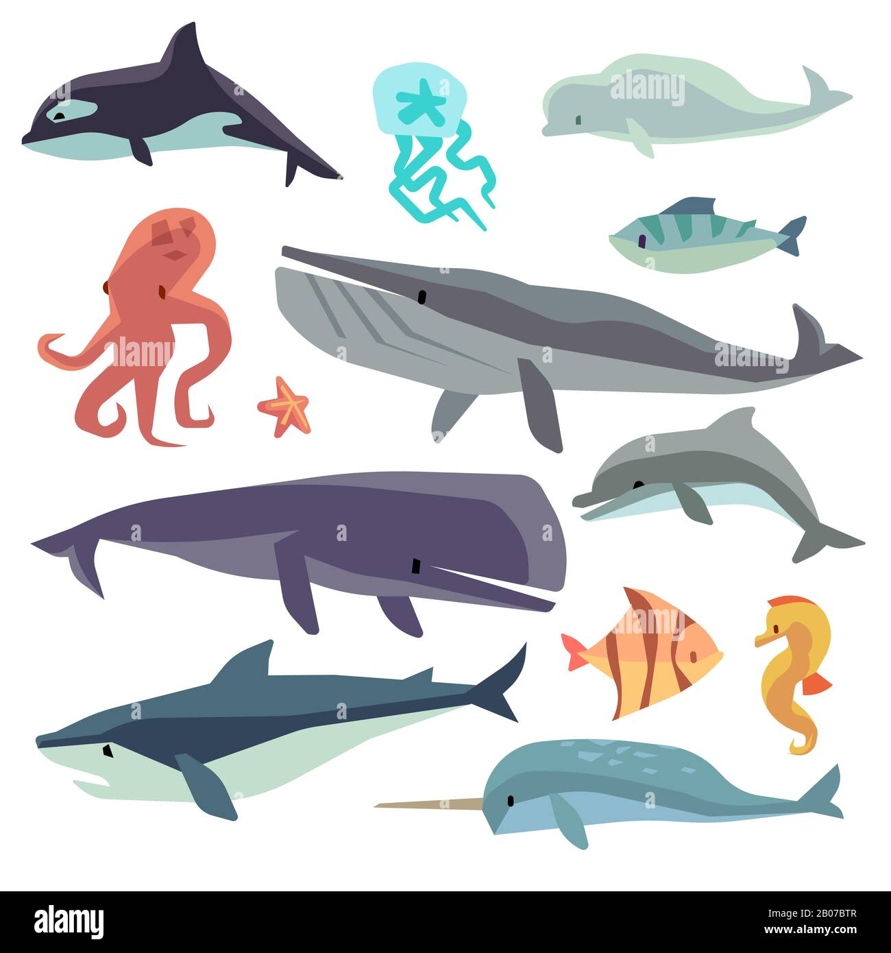 Sea marine fish and animals flat vector set. Dolphin and whale, shark and octopus, jellyfish and seahorse illustration Stock Vector