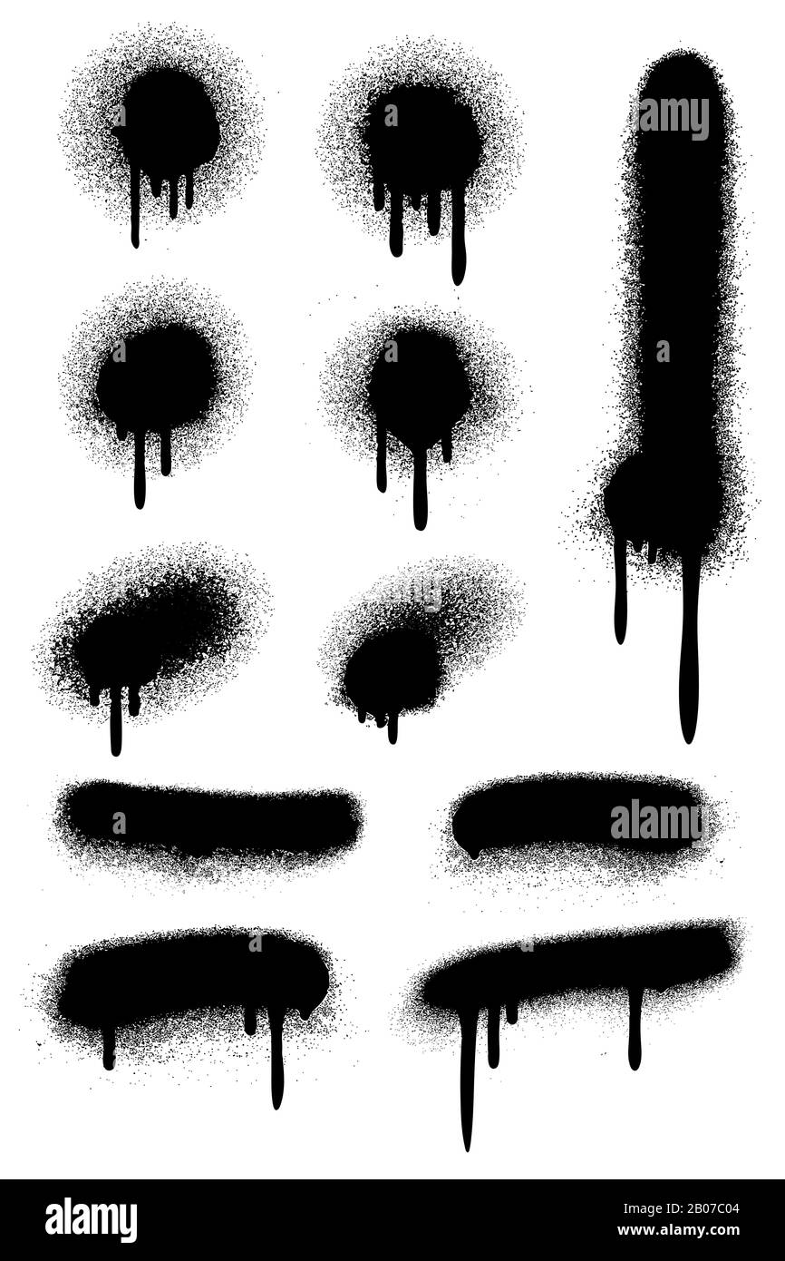 Black spray paint with paint drips isolated on white vector set. Stain ink dirty illustration Stock Vector