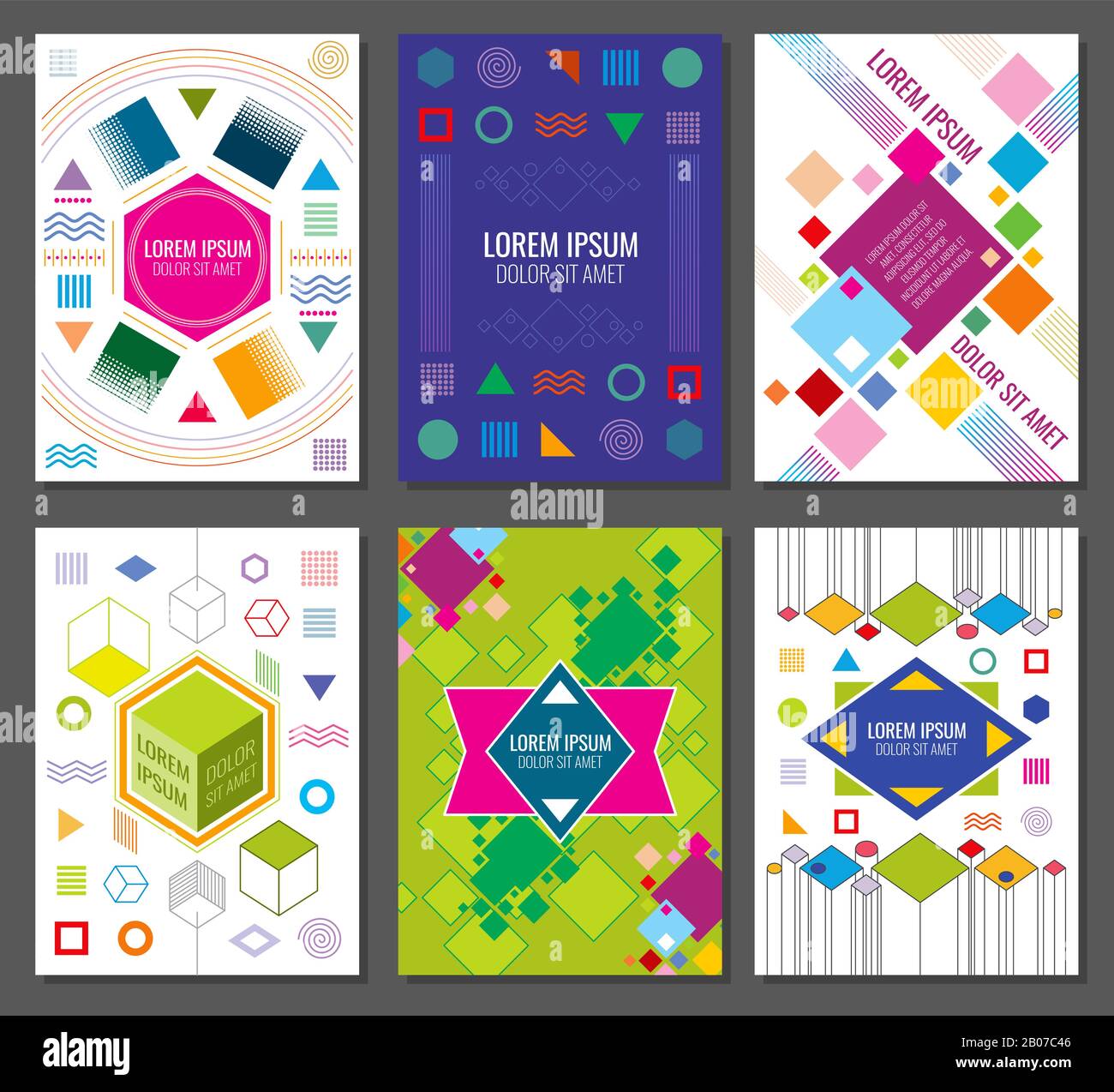 Abstract geometric vector banners, posters, flyers set in bauhaus design style. Hipster colored chaotic style illustration Stock Vector