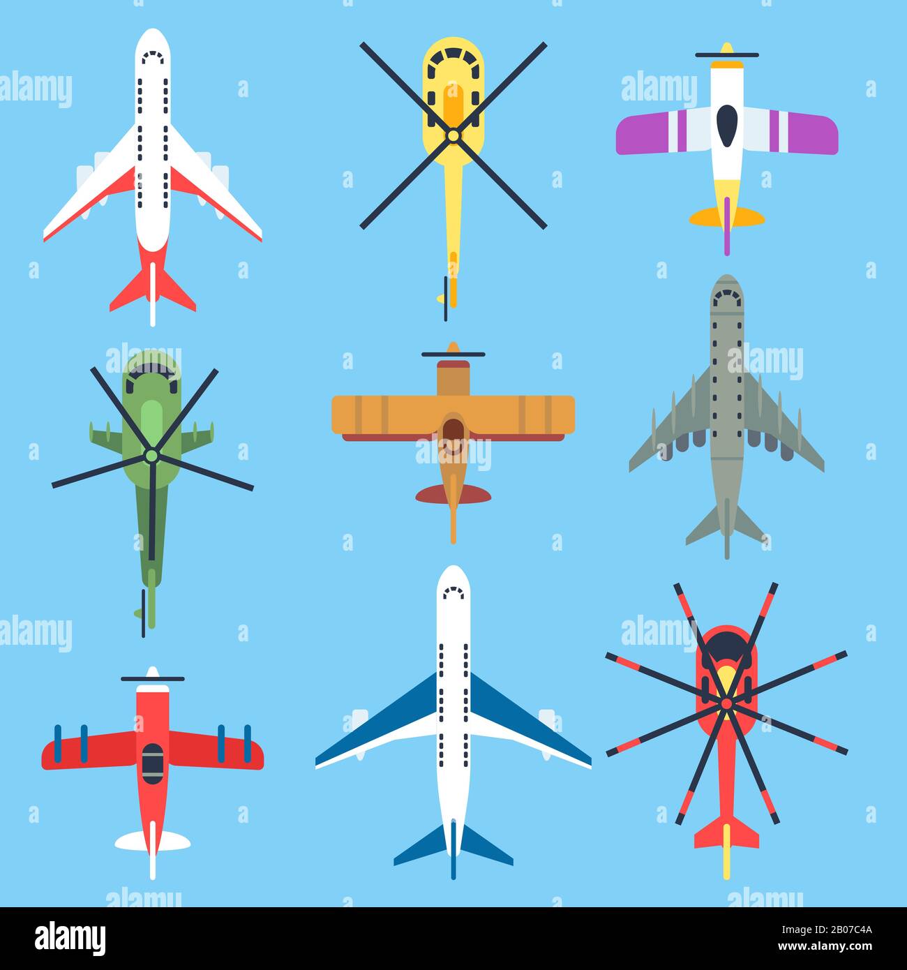 Airplane, plane, helicopter, jet top view flat vector icons. Air
