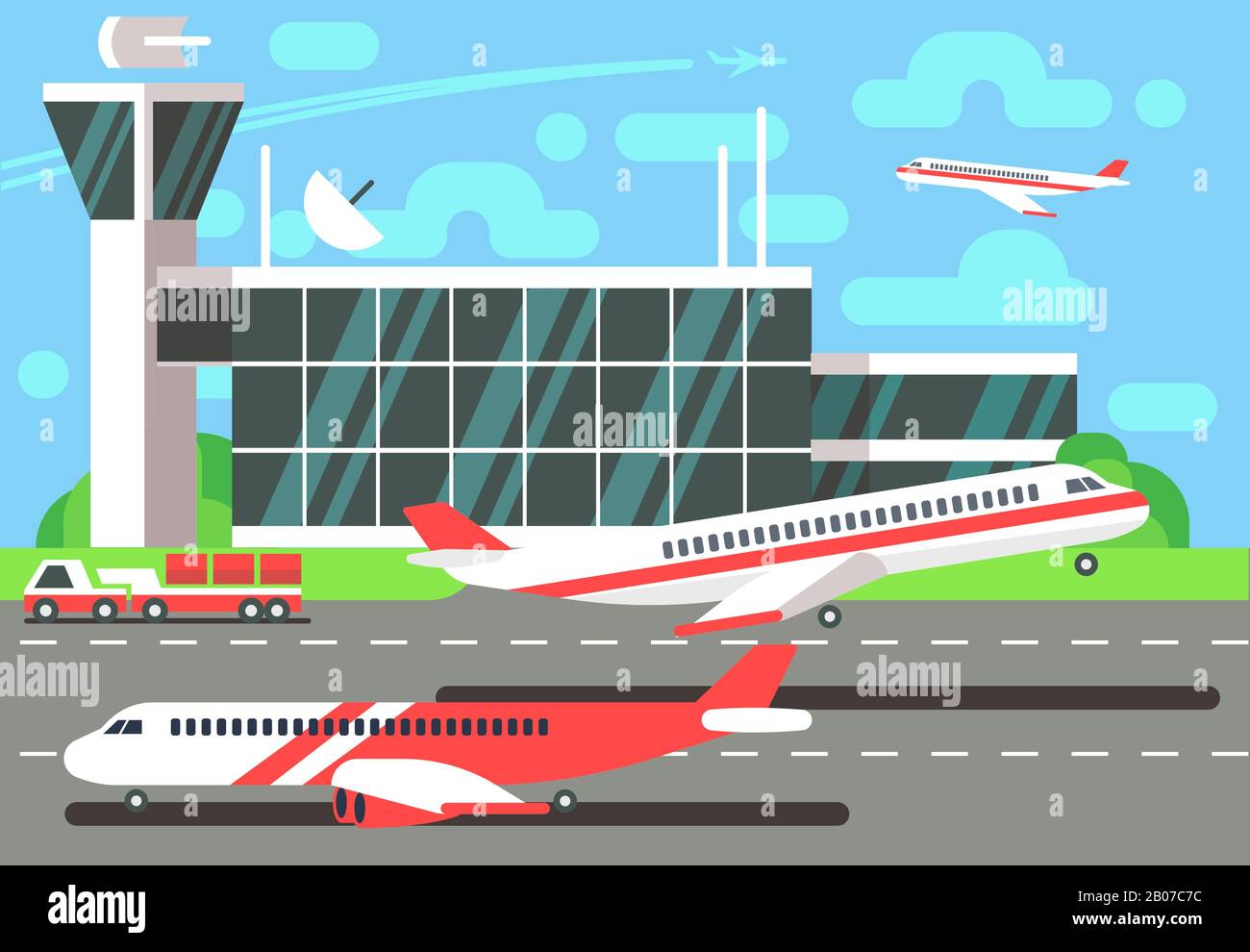 Airport flat vector illustration. Departure plane, travel and air trip Stock Vector
