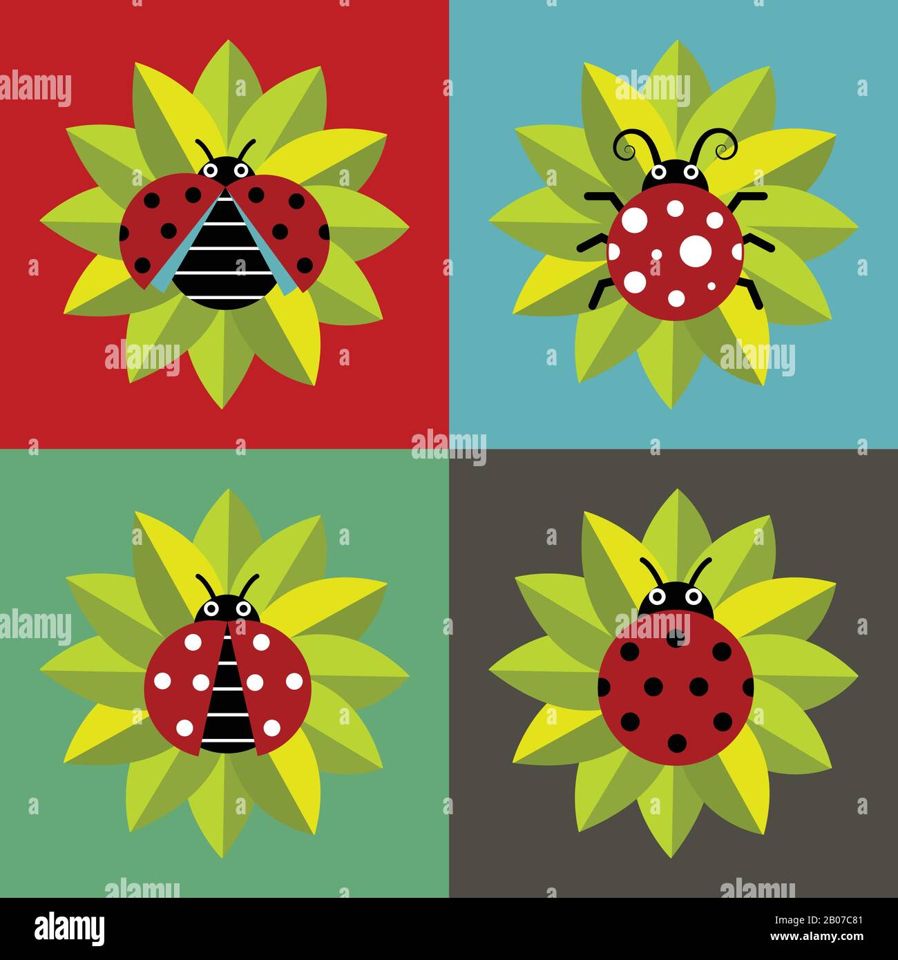 Ladybugs in green leaves isolated on color background. Vector illustration Stock Vector