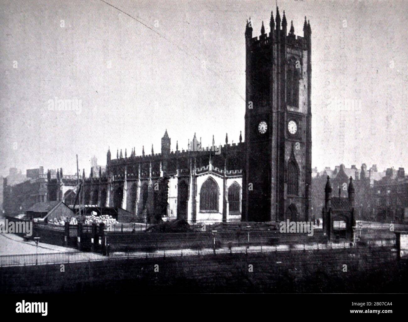 Archival black and white photograph of Manchester Cathedral from the book: 'A Survey of the History, Commerce and Manufactures of Lancashire' by Reuben Spencer, published 1897. Stock Photo
