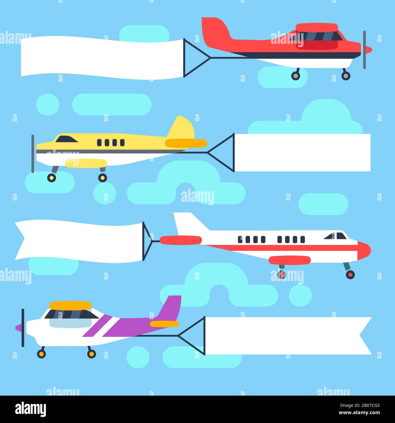 Flying airplanes and helicopters with blank banners and flags vector set. Banner for advertisement message, ribbon with colored plane in sky illustration Stock Vector