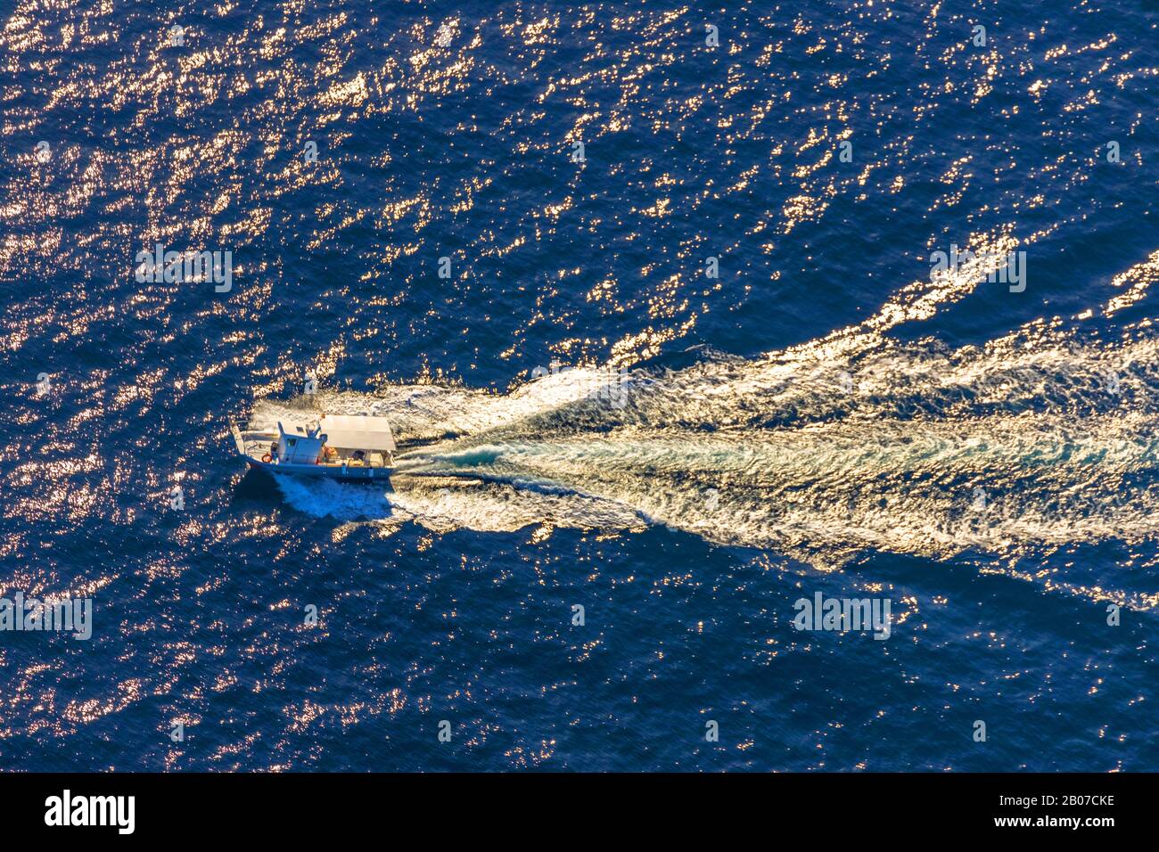 motorboat with trails on the Mediterranian Sea, 09.01.2020, aerial view, Spain, Balearic Islands, Majorca Stock Photo