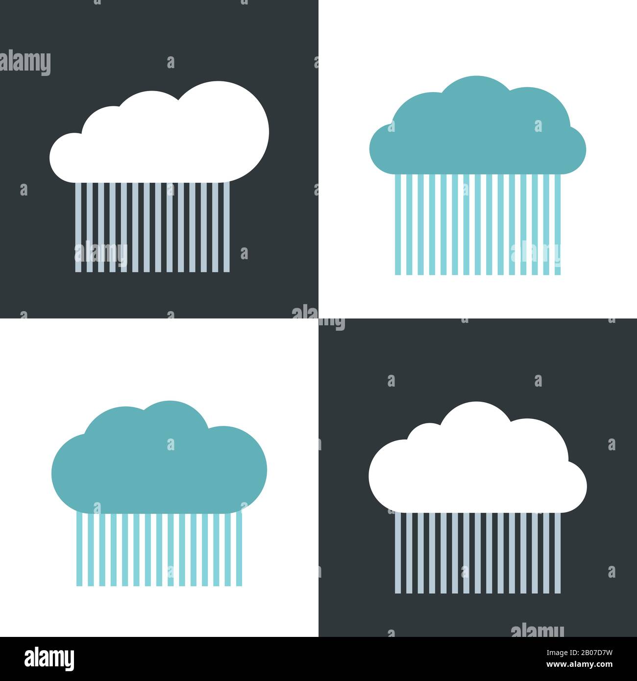 Flat cloud icons with rain on white and dark background. Storm rain icon, vector illustration Stock Vector
