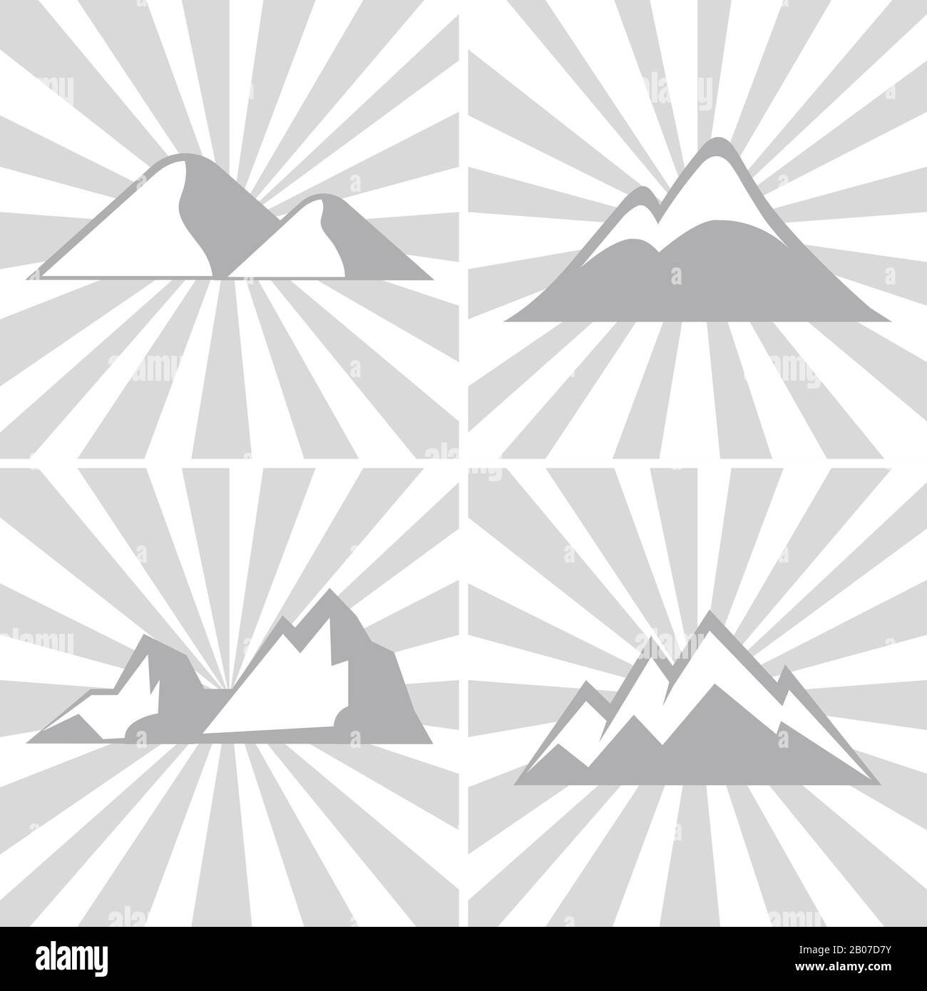 Mountain gray icons on striped background. Mountaineering and climbing emblems. Vector illustration Stock Vector