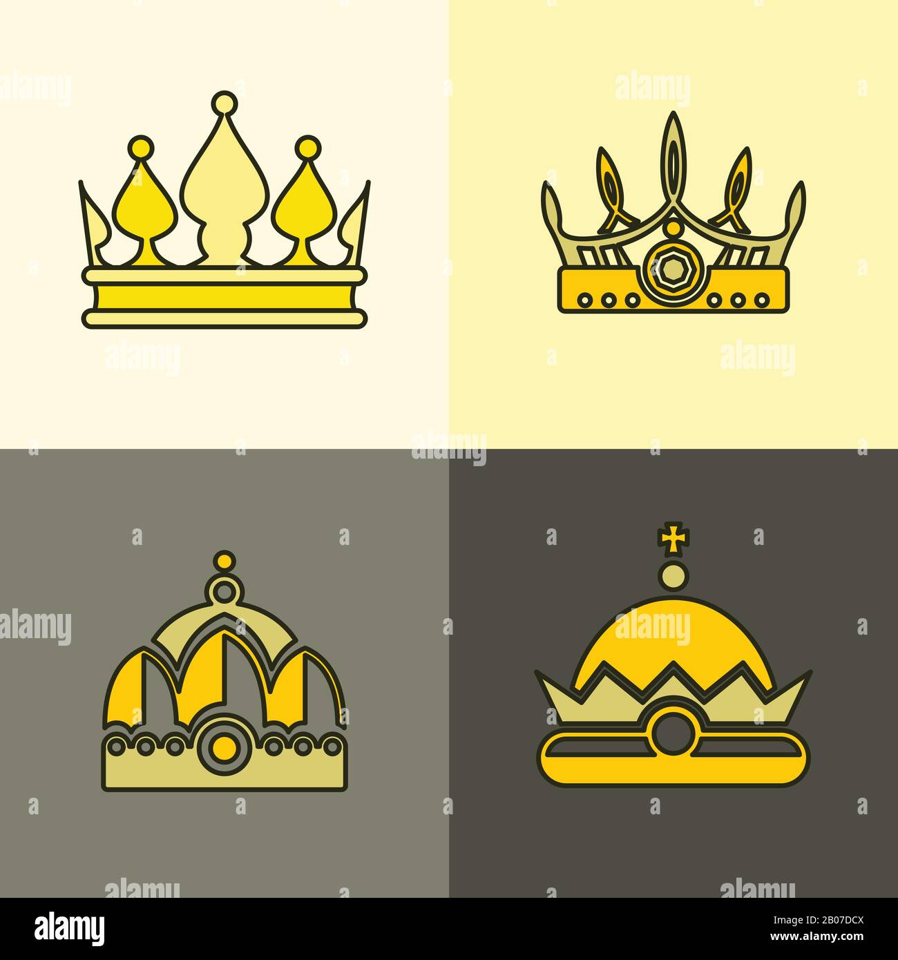 Yellow crown icons on brown background. Set of golden flat crowns. Vector illustration Stock Vector
