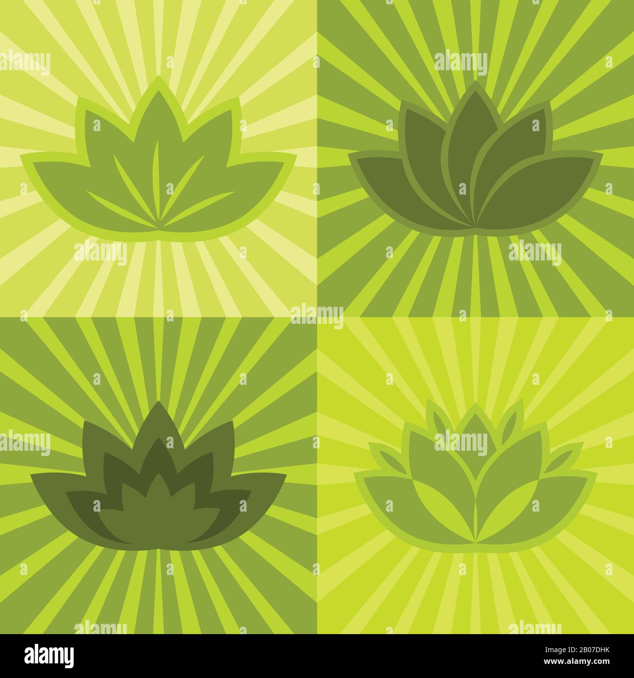 Flat green flowers on green background. Natural floral elements. Vector illustration Stock Vector