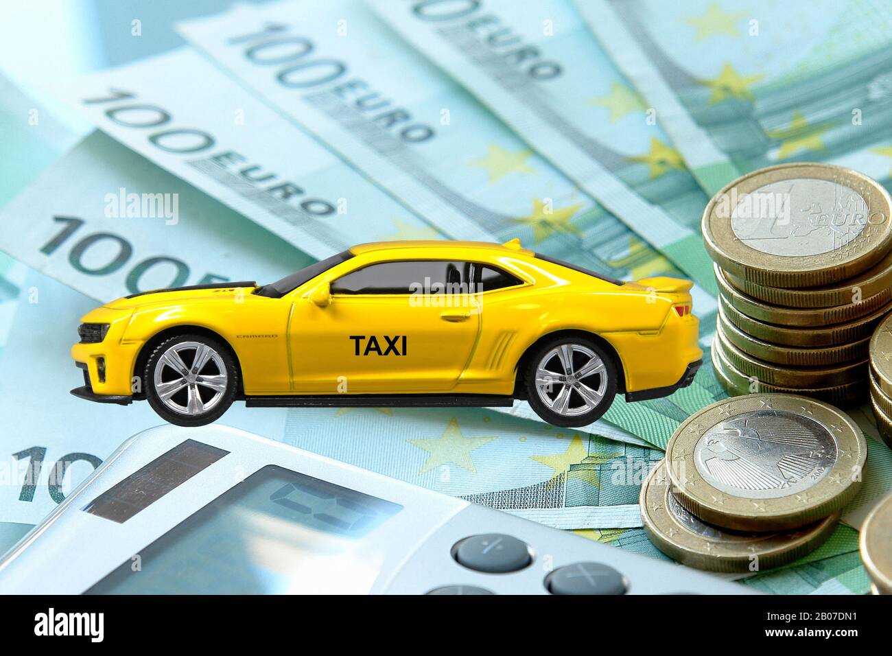 Chevrolet Camaro ZL1 as Taxi, euro coins and bills, Bundesrepublik Deutschland Stock Photo