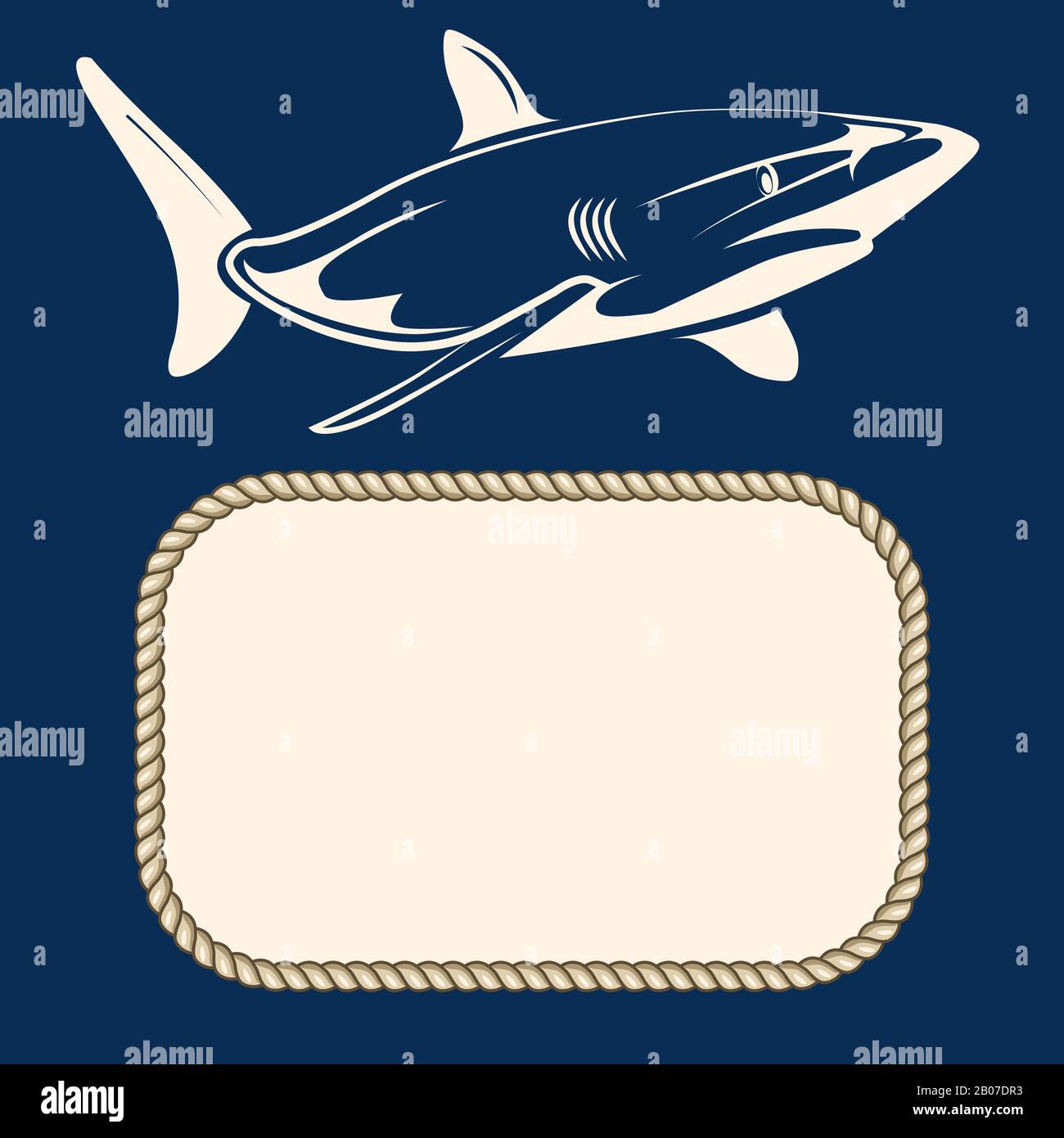 Nautical background with rope frame and shark. Empty banner vintage, vector illustration Stock Vector