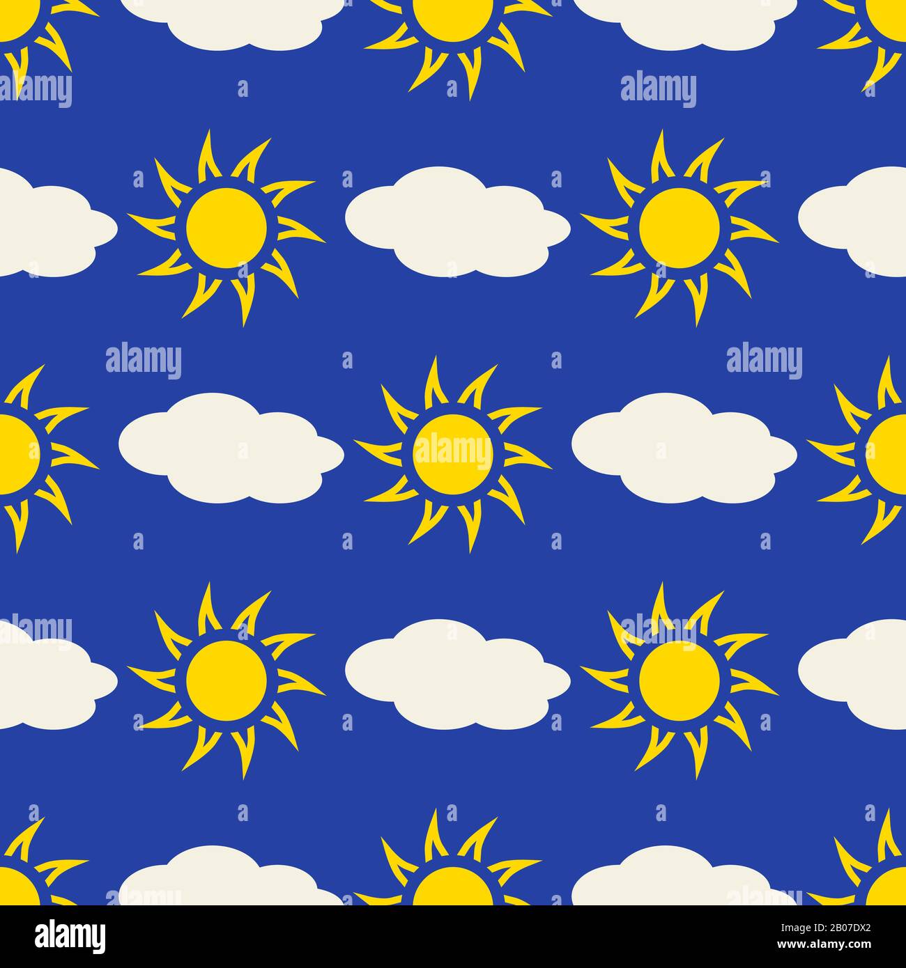 Yellow sun and clouds in blue sky seamless background pattern. Vector illustration Stock Vector