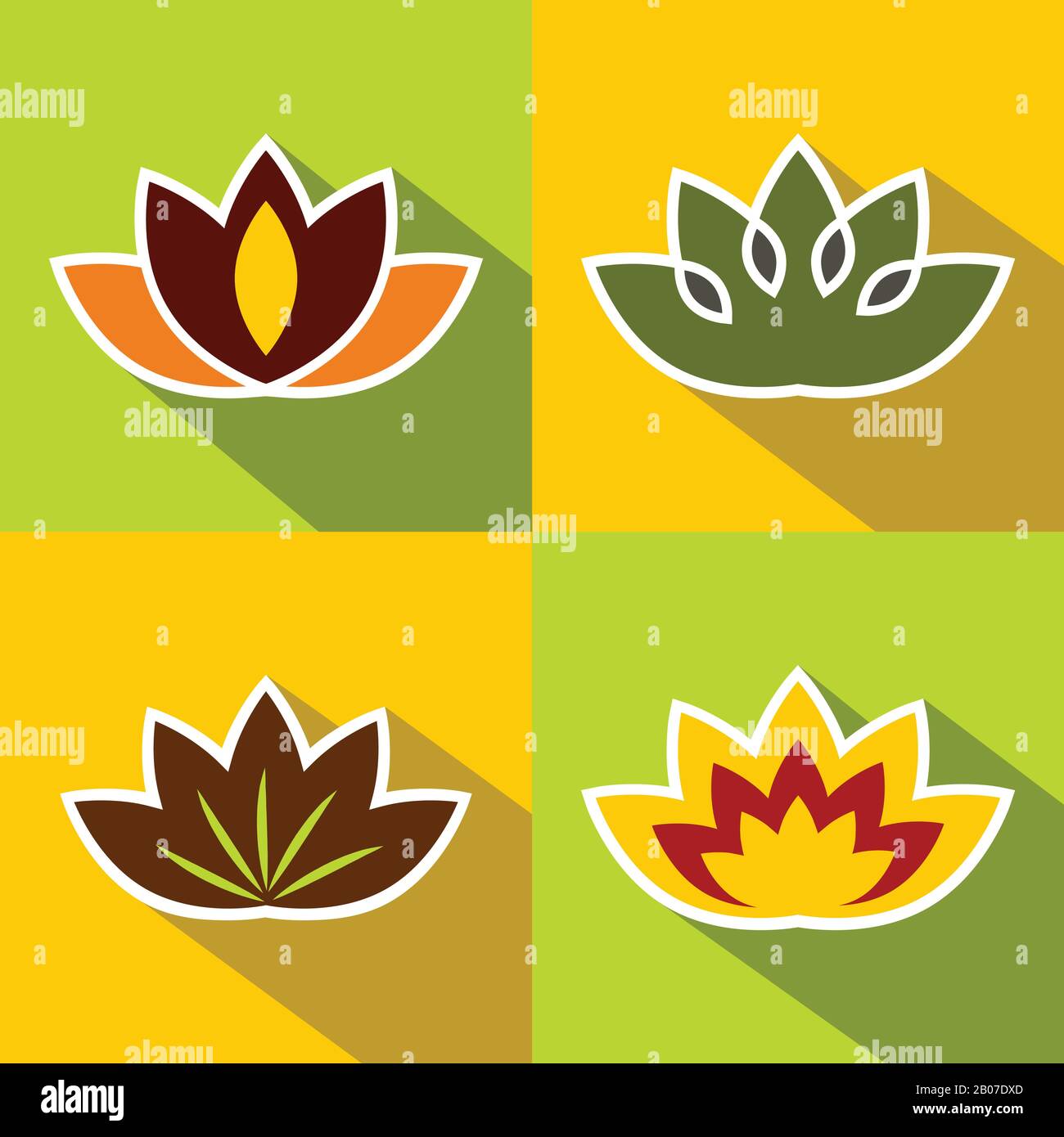 Color flat flowers with dark long shadow with white stroke. Vector illustration Stock Vector