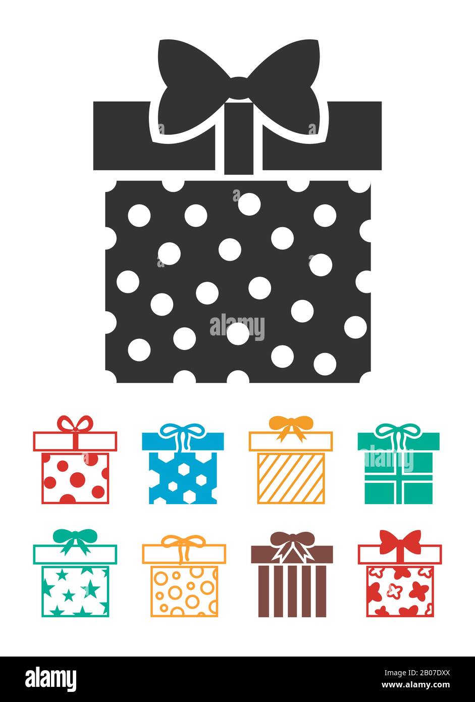 Gift boxes vector icons set isolated over white. Decoration pattern for birthday gift illustration Stock Vector