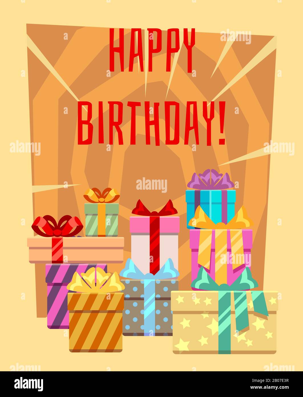 Happy birthday greeting card with a heap of gift boxes. Many gift