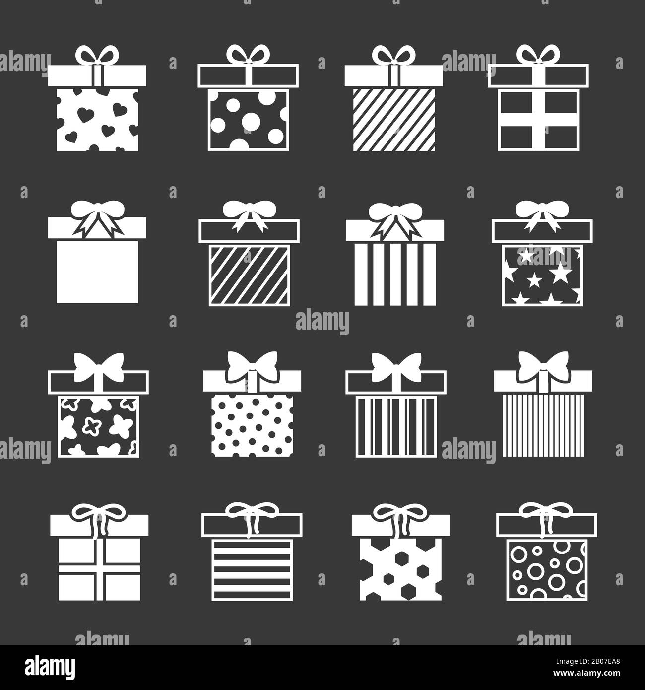 Gift boxes vector icons set in black and white. Christmas package to