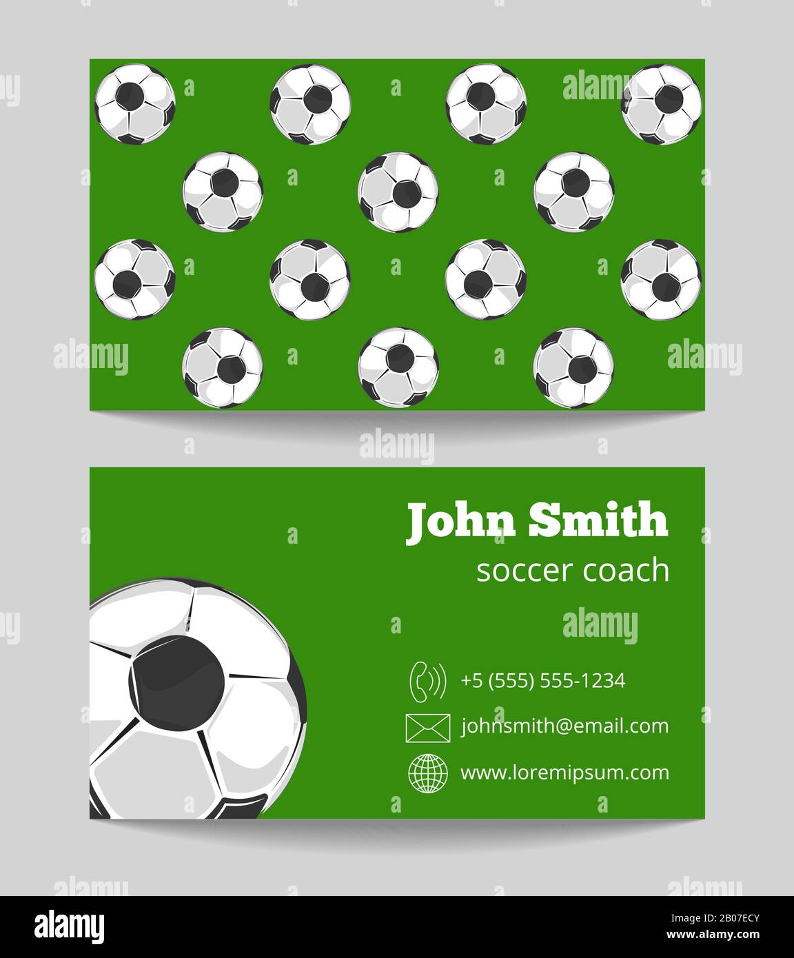 Soccer coach green field business card. Template of football card. Vector illustration Stock Vector