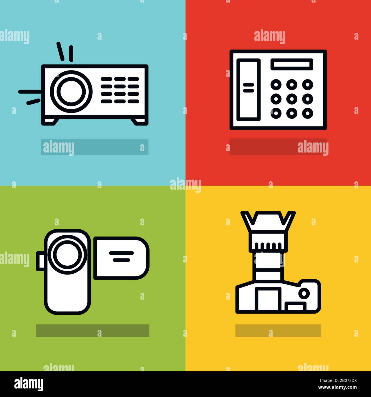 Household appliances icons with black stroke on color background. Photo and video camera. Vector illustration Stock Vector