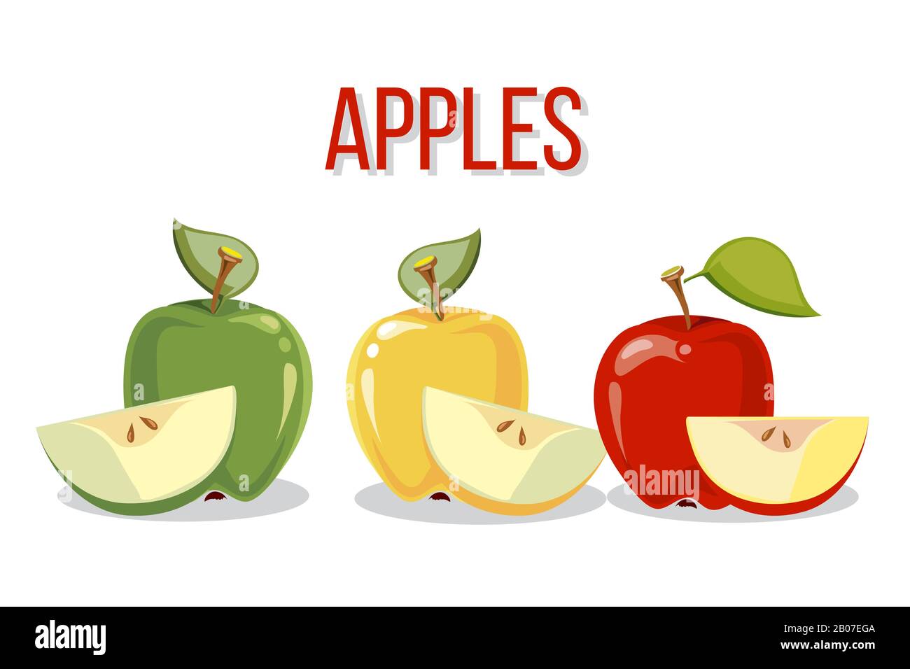 Three apples with slices isolated o white background. Vector illustration Stock Vector