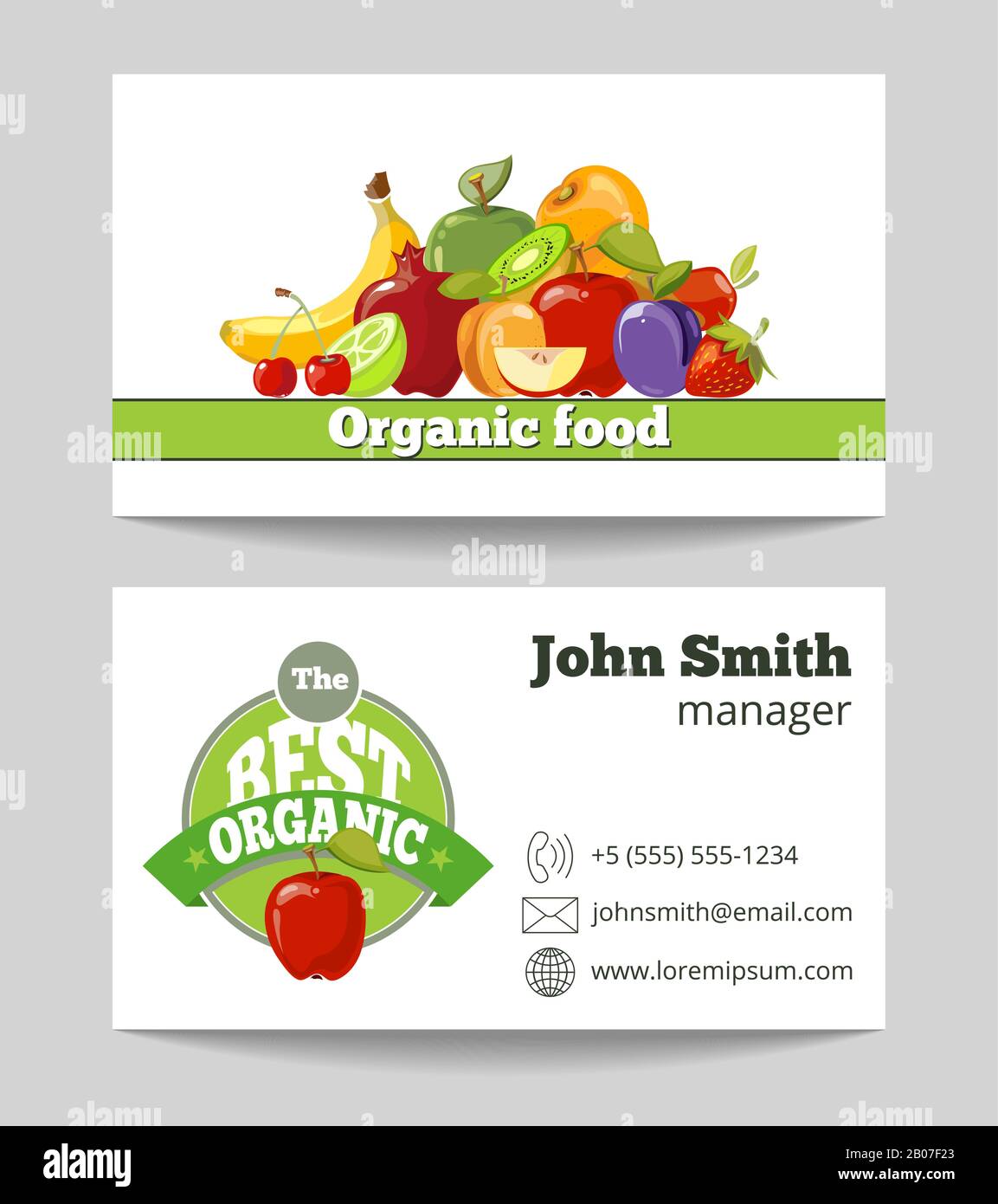 Organic food shop business card template for the fruit farm. Vector