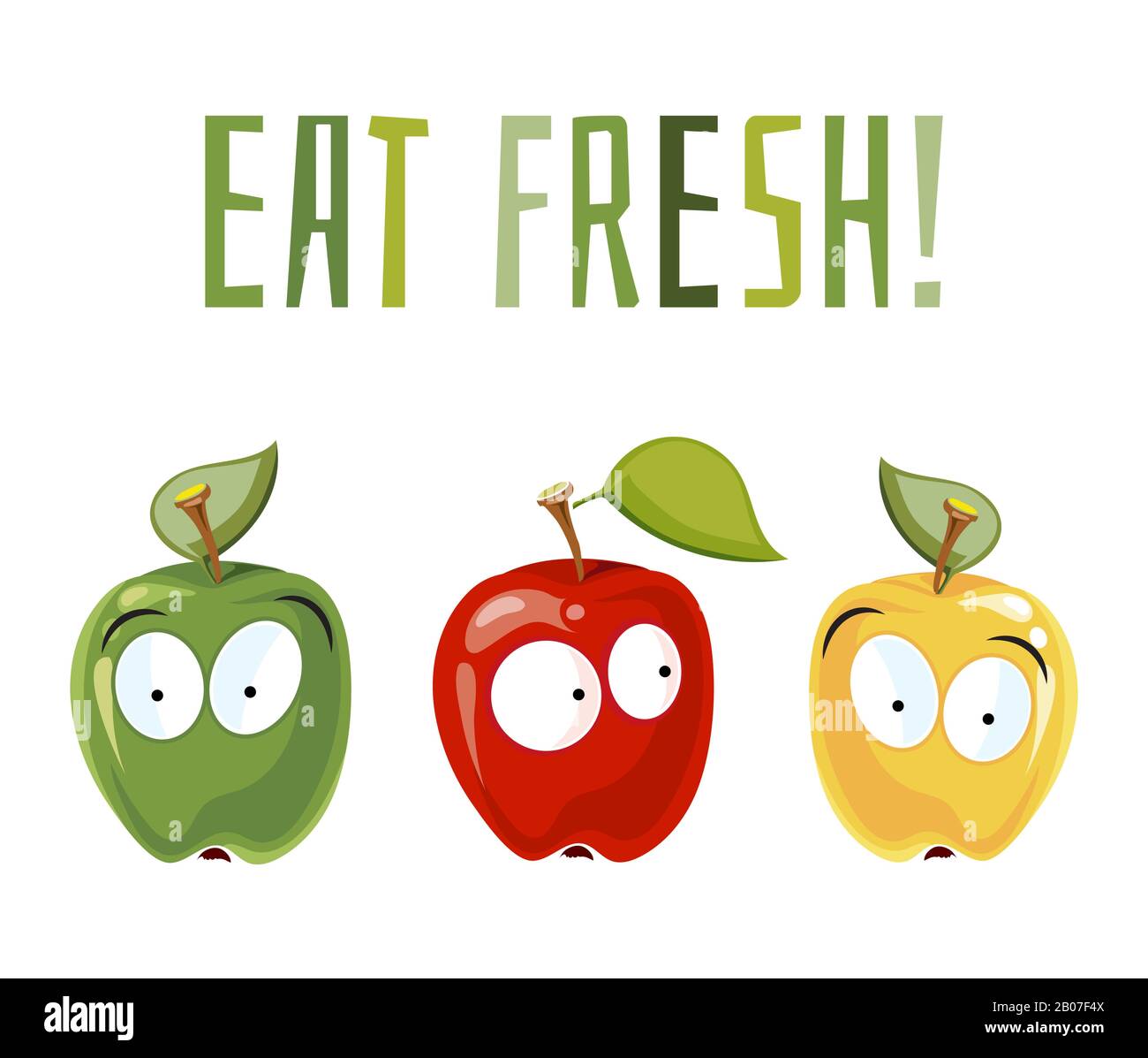 Eat fresh. Surprised apples with eyes.. Fruits with cute face, vector illustration Stock Vector