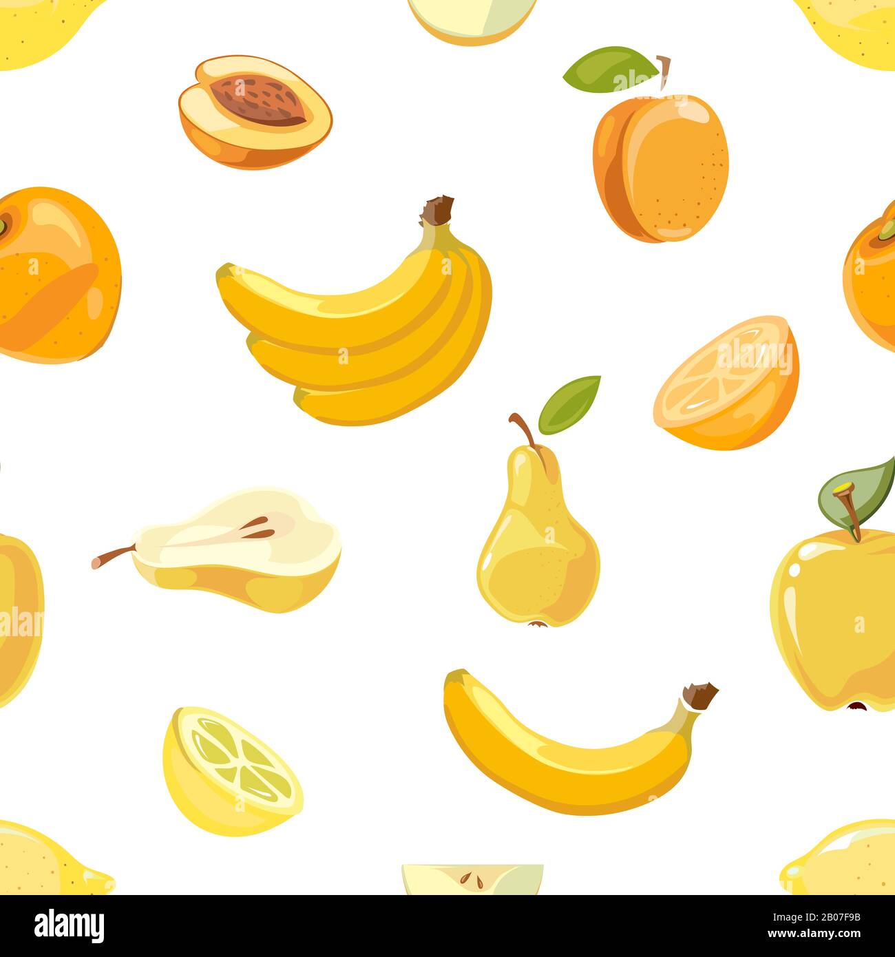 Yellow fruits seamless pattern over white background. Banana pear and orange. Vector illustration Stock Vector