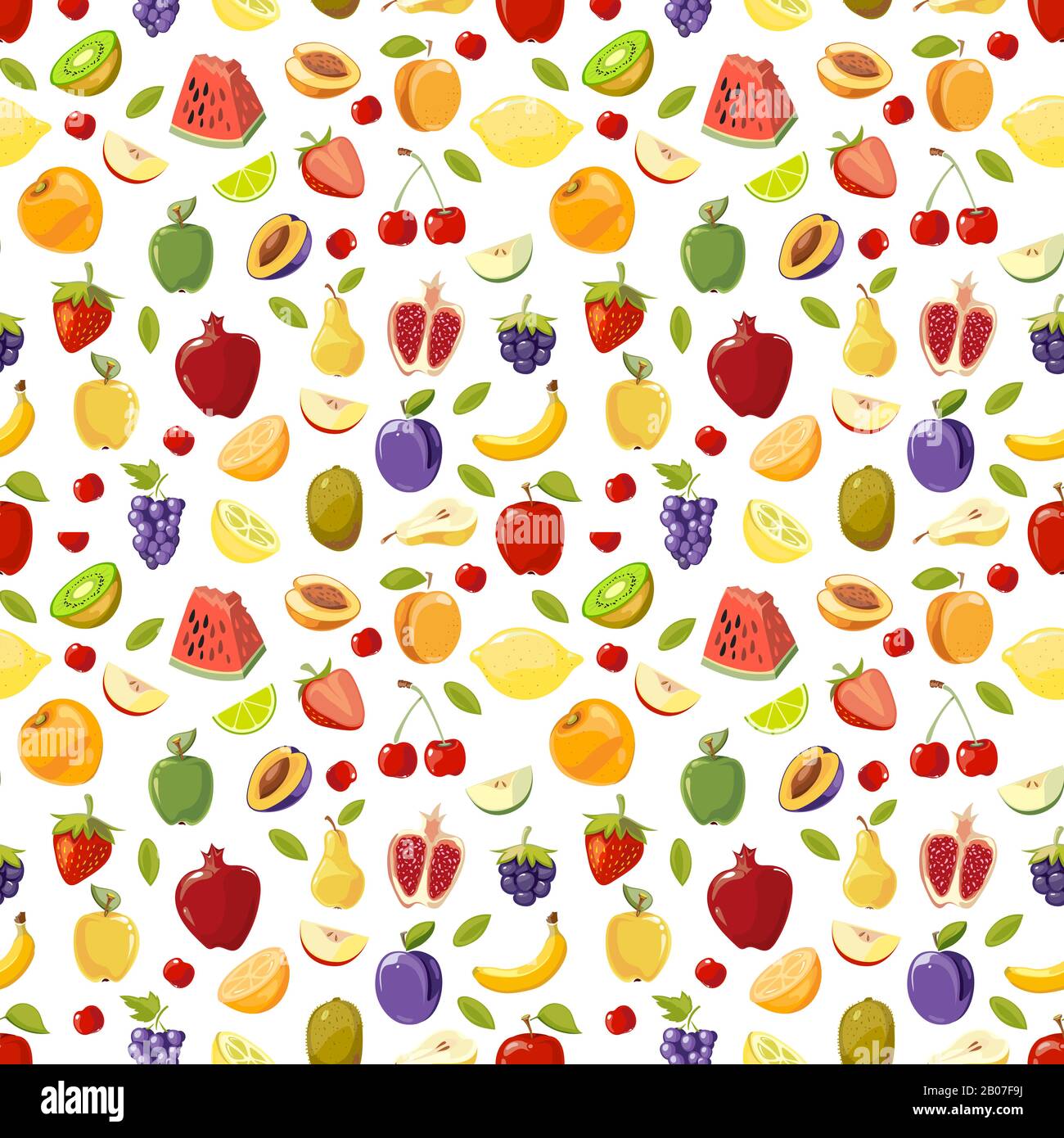 Miscellaneous vector fruits seamless pattern. Watermelon pomegranate pear and plum illustration Stock Vector