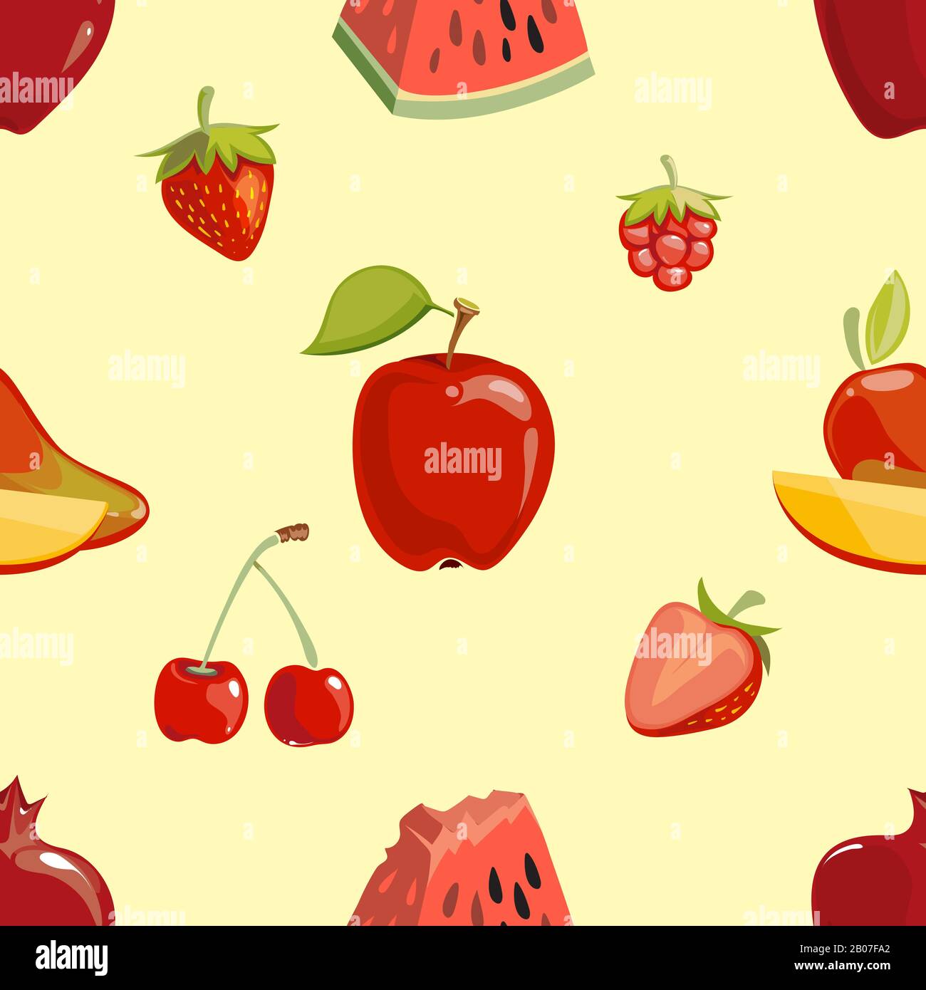 Red fruits seamless pattern over white background. Apple cherry and strawberry. Vector illustration Stock Vector