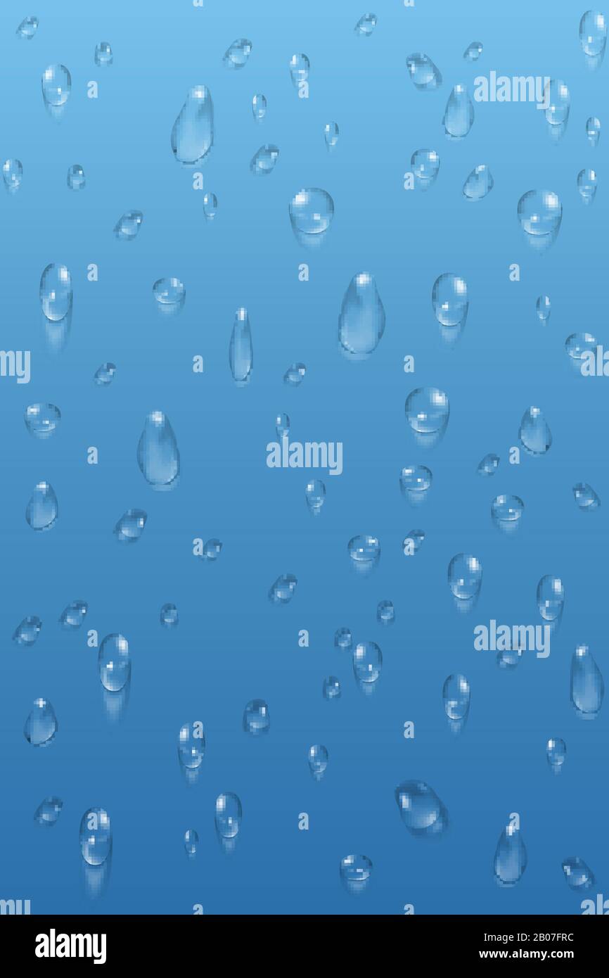 Blue transparent water drops vector background. Clean splash raindrop ...