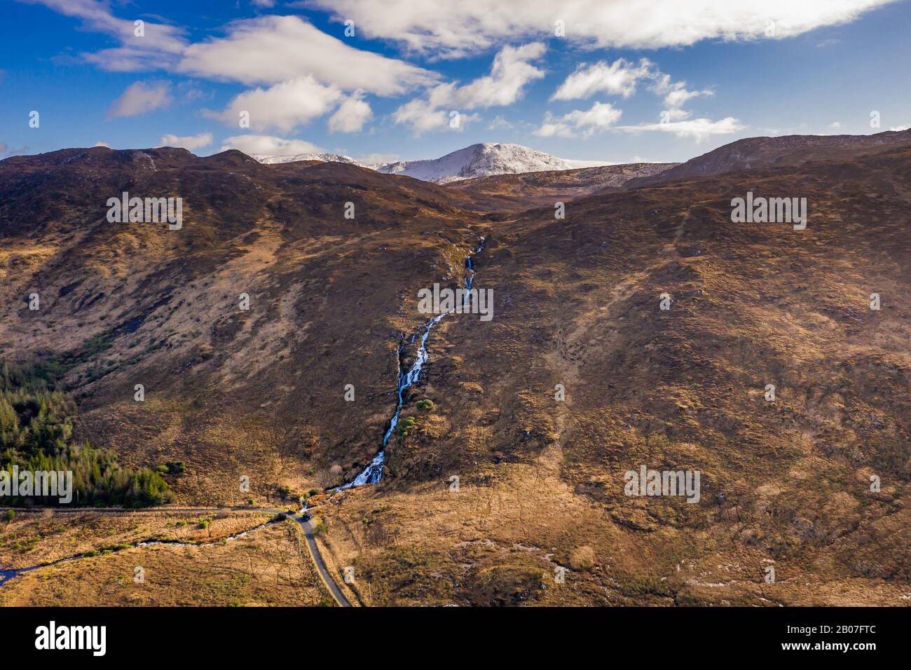 Aerial view of the Glenthornan waterfall by Dunlewey or Dunlewy in County Donegal, Ireland. Stock Photo