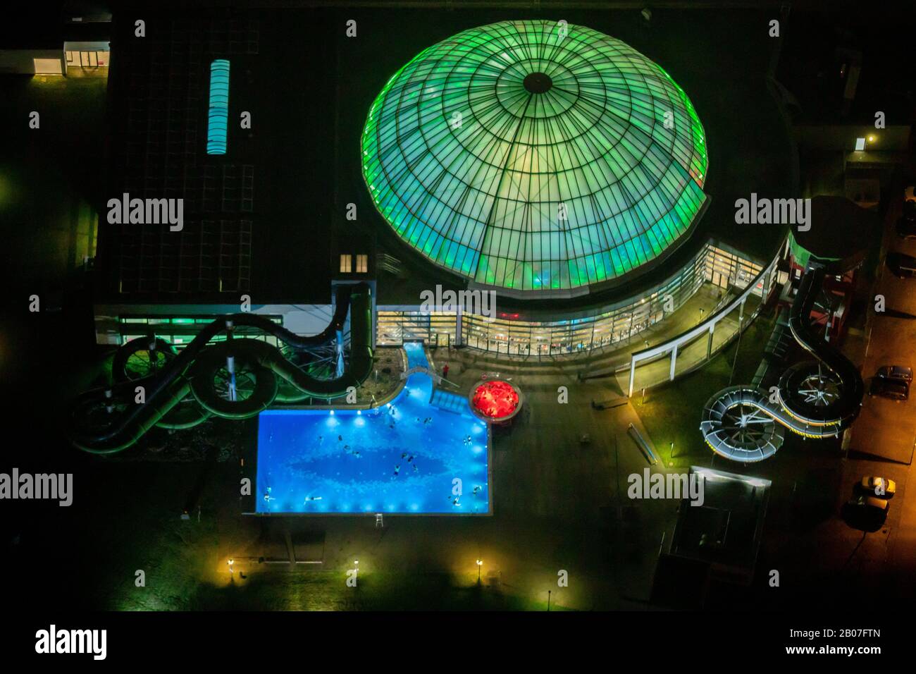 Aerial photo, aerial photo, night photo, AQUApark with sports pool, large outdoor area with sunbathing lawns and restaurant, Oberhausen, Ruhr area, No Stock Photo