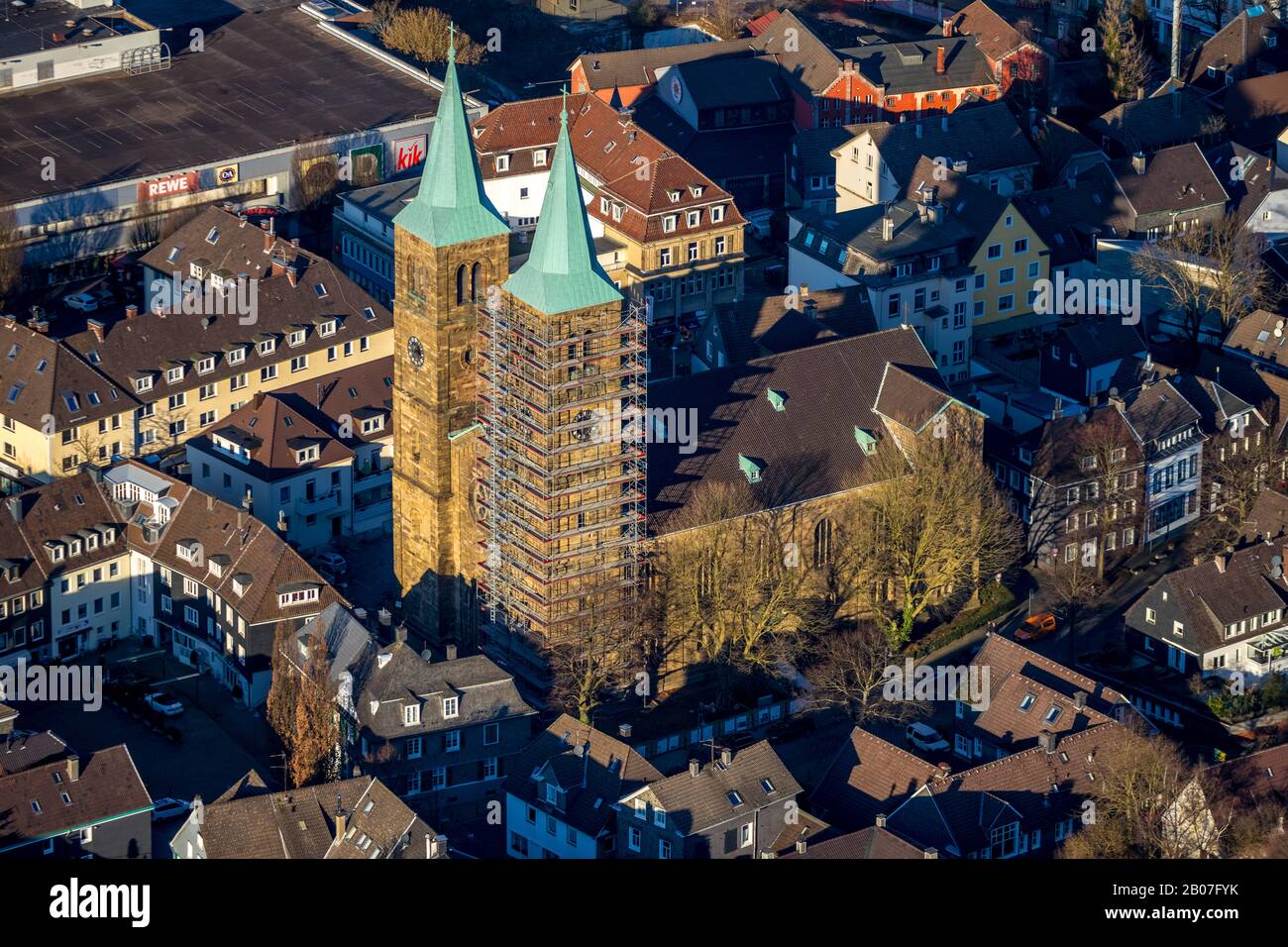 Aerial photo, renovation Christuskirche Schwelm, Altmarkt, Kirchplatz, Schwelm, Ruhr area, North Rhine-Westphalia, Germany, Old Town, DE, Europe, land Stock Photo